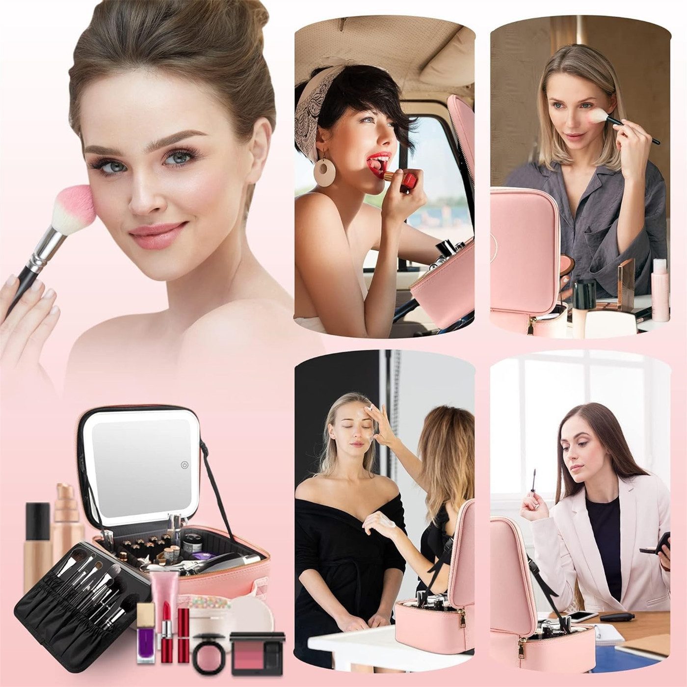 AURIVION Kosmetiktasche Kosmetiktasche Make up Tasche (Set, 1-tlg., USB-C Aufladung,Reisebox für Damen), Kosmetiktasche mit LED Spiegel SchminktascheMit großer Pinselstauraum