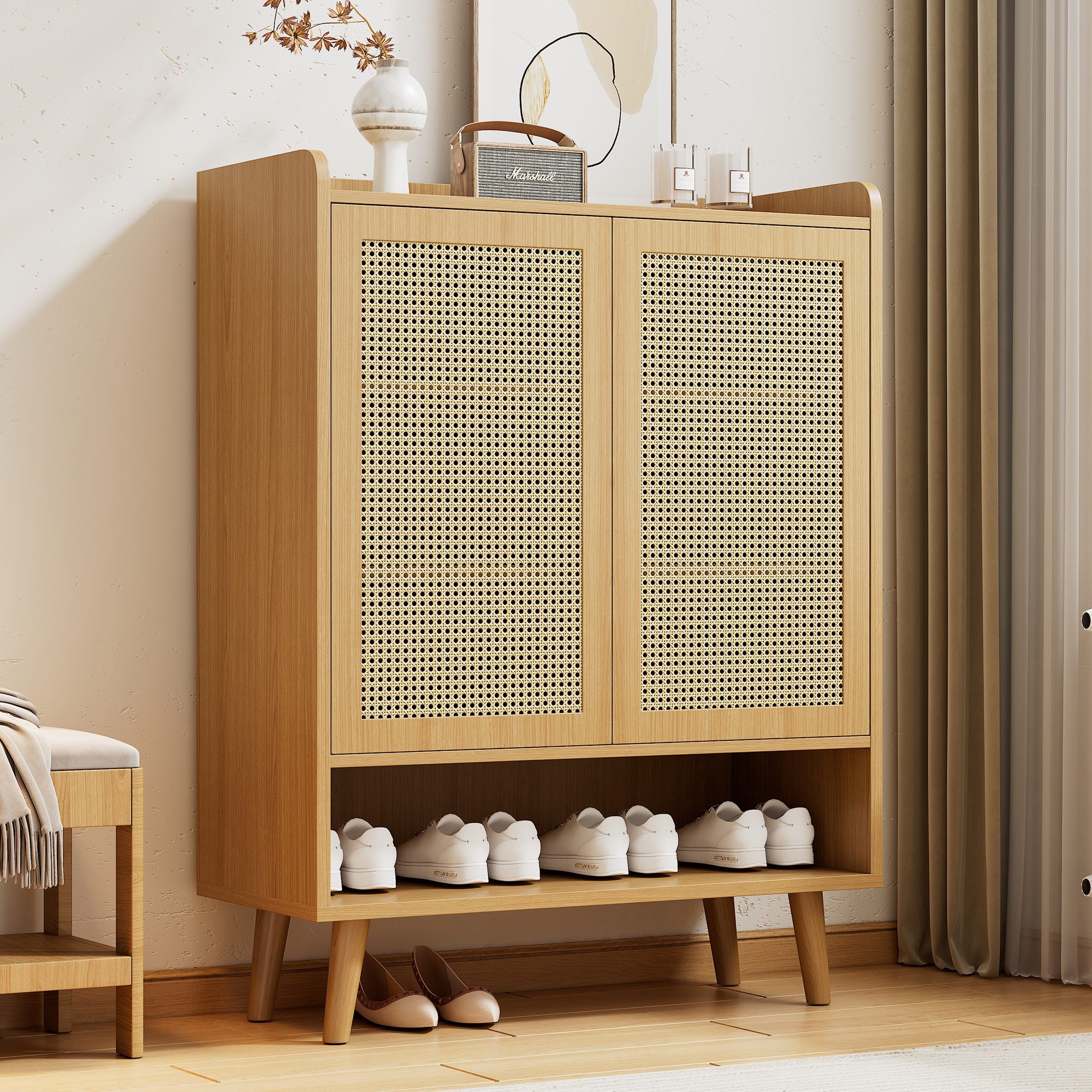 Flieks Schuhschrank mit Doppeltüren aus Rattan und Massivholzbeinen (1-St., B80/H105/T35 cm) Schuhkommode Mehrzweckschrank Schuhregal Holzoptik Natur