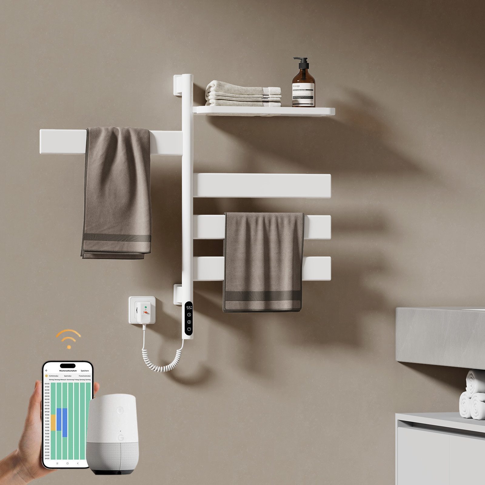 EMKE Elektrischer Badheizkörper Handtuchheizkörper elektrisch mit Thermostat 760x450mm, Handtuchtrockner WiFi APP Sprachsteuerung Timer 120W, Weiß