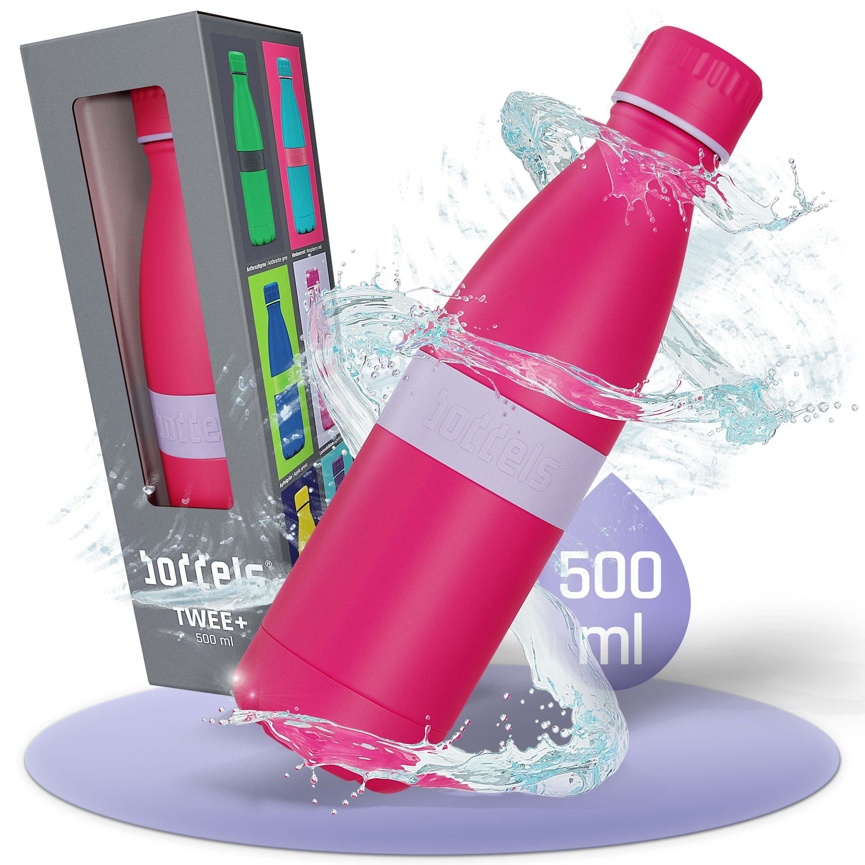 boddels Isolierflasche TWEE+ 500ml - Trinkflasche aus Edelstahl, doppelwandig, auslaufsicher, bruchfest Lavendelblau / Pink