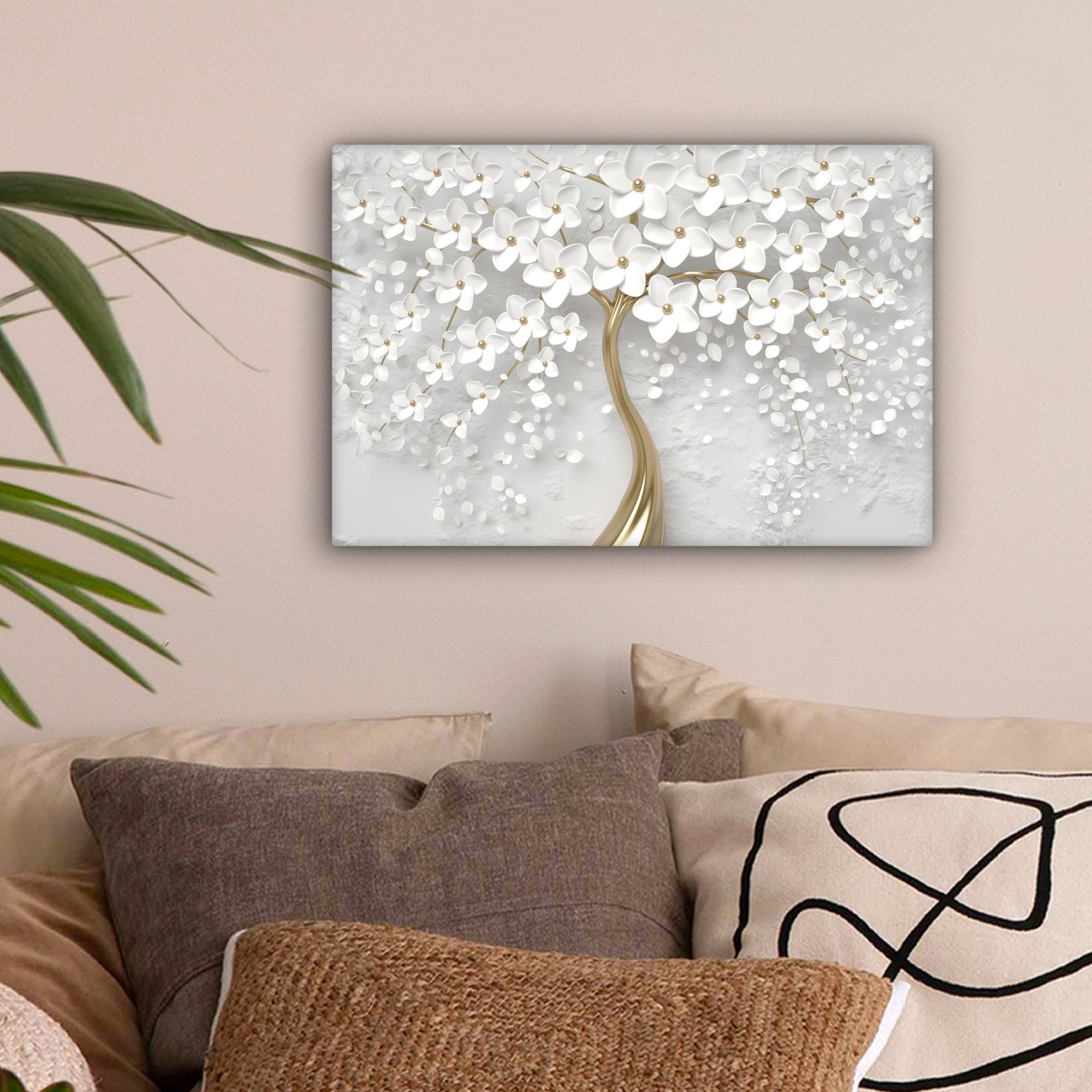 OneMillionCanvasses® Leinwandbild Baum - Weiß - Abstrakt - Blume - Gold, Fo günstig online kaufen