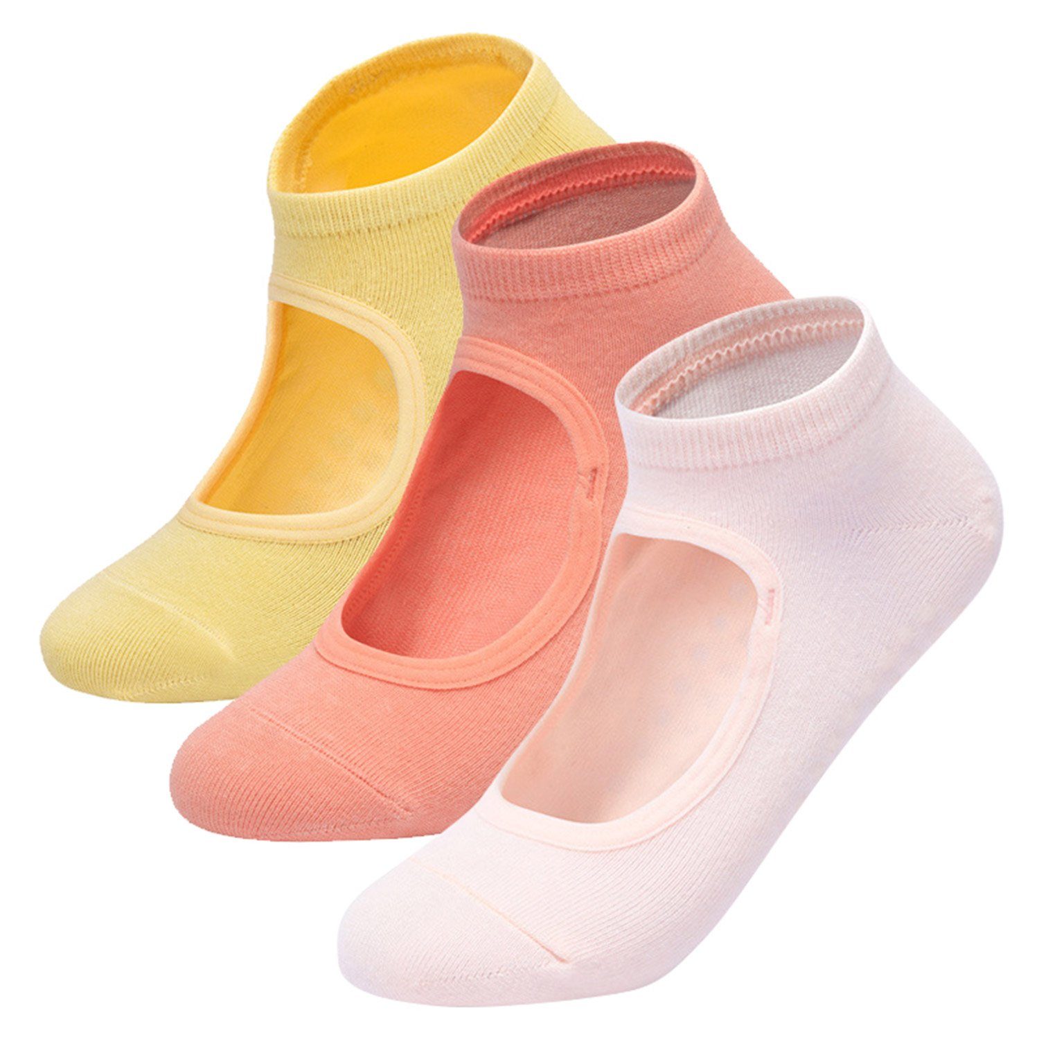 Daisred Sneakersocken Yoga Socken Rutschfeste für Damen, 3 Paare Pilates Sock Gelb+Orange+Rosa