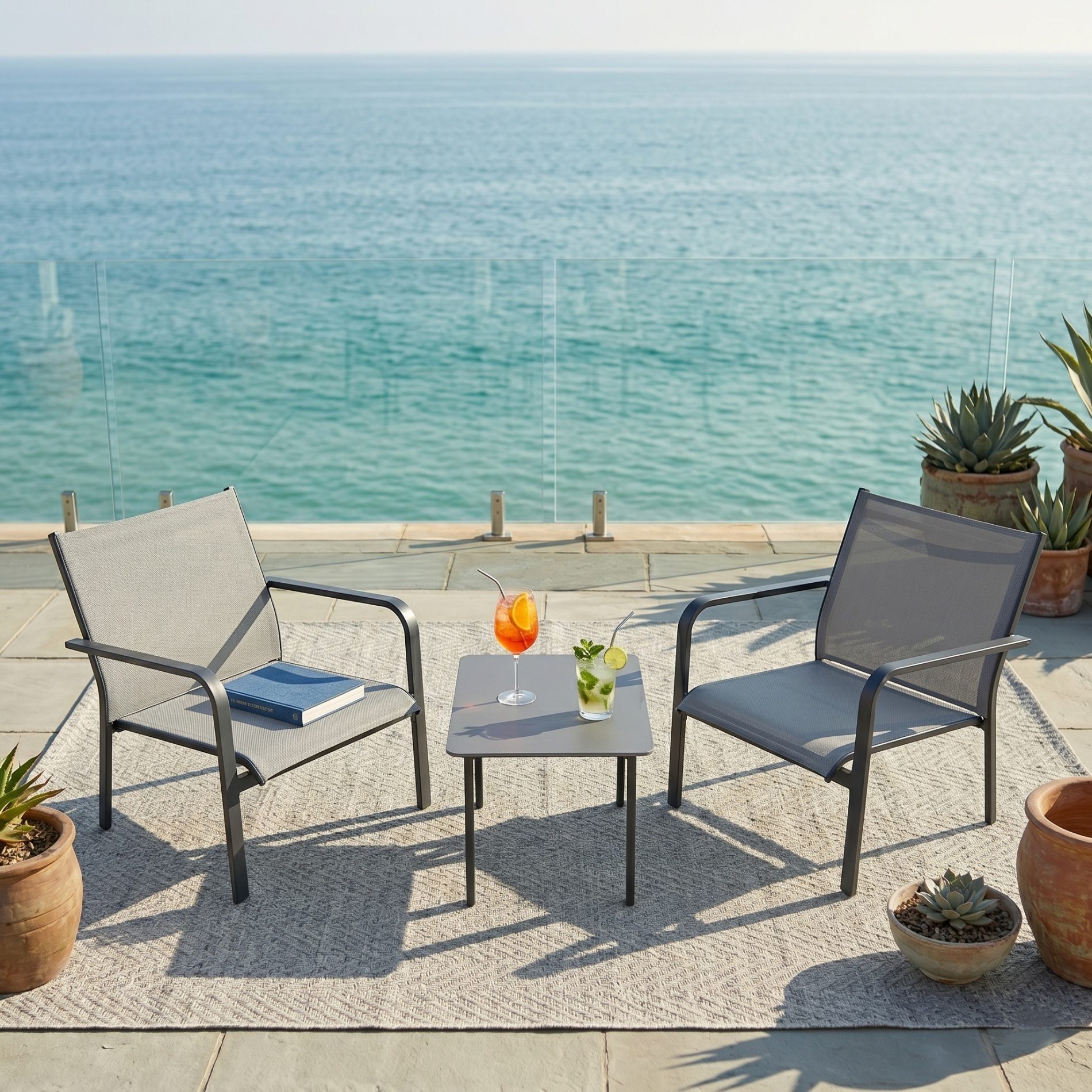 Jati & Kebon Gartenlounge-Set Dransy, Outdoor-Set, (2 Loungesessel & 1 Loungetisch, 3-tlg), für 2 Personen, Aluminium & Textilgewebe, wetterfest & pflegeleicht