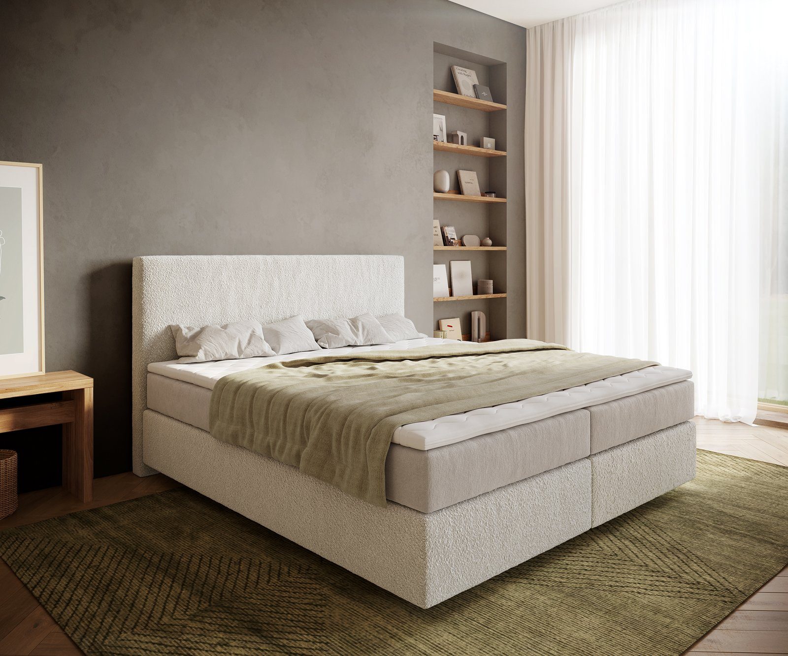 DELIFE Boxspringbett Dream-Well, Bouclé Creme-Weiß 180x200 cm mit Taschenfederkernmatratze und Topper V