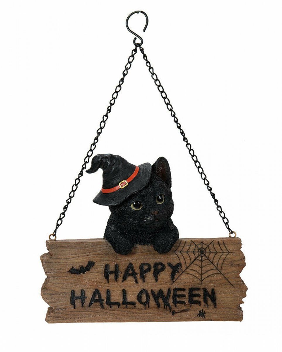 Horror-Shop Dekofigur Happy Halloween Schild mit Schwarzem Kätzchen