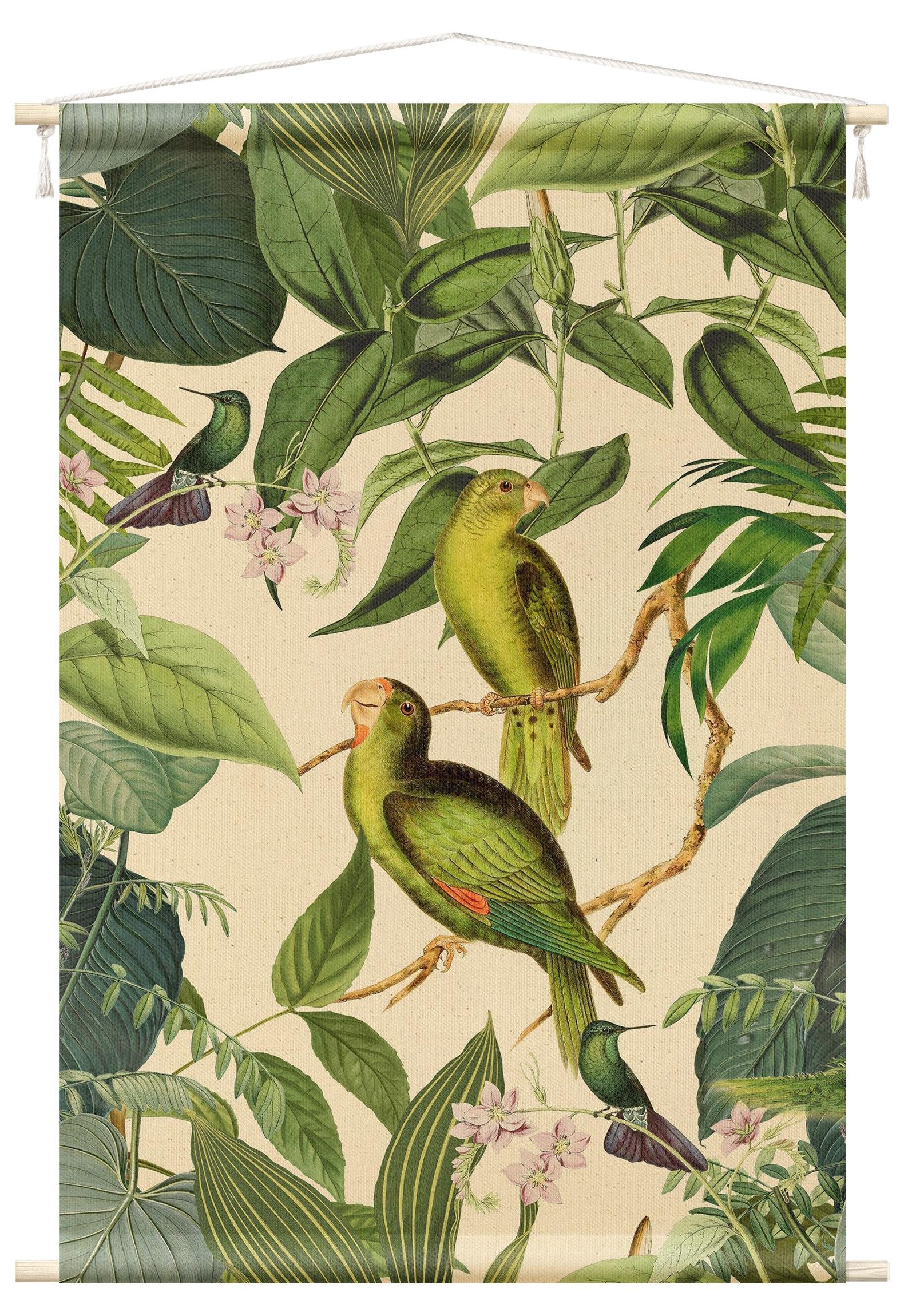 Bilderdepot24 Wandteppich modern Vintage Tropisch Landhaus Tiere Vögel grün, rechteckig, Höhe: 2.6 mm, großes Wandbild aus Natur-Baumwolle Wandbehang Stoffbild Tuch Wollseil