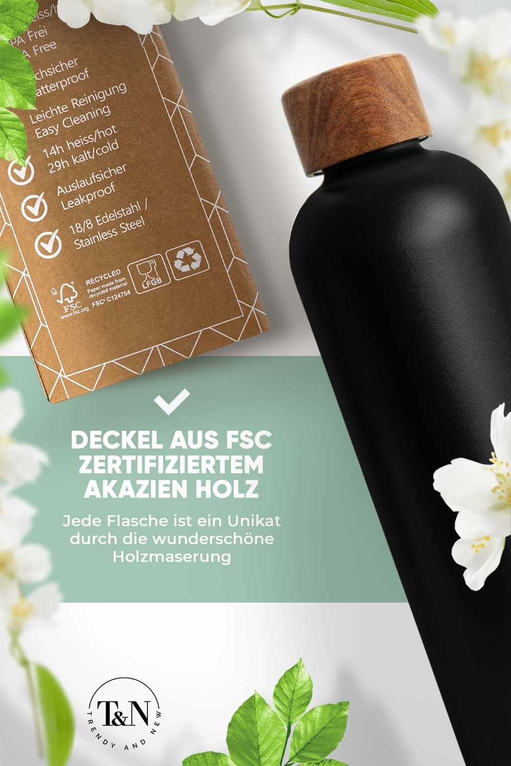 TRENDY AND Liter Thermosflasche Anthracite für isolierte Tee auslaufsichere, Kohlensäure, 1l Trinkflasche HEISS Wood für für 1000ml robuste, Edelstahl für Trinkflasche Sprudel-Wasser Edition, EISKALT, 14h Isolierflasche NEW Büro, - & Wasserflasche für Flasche hält Thermoskanne unterwegs, 29h Kaffee, T&N 1