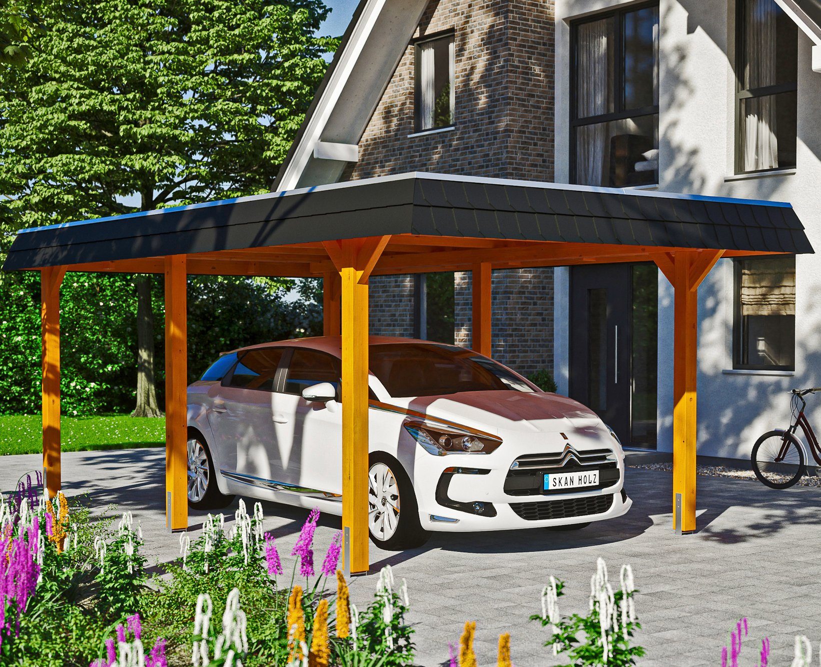 Skanholz Einzelcarport Wendland, BxT: 362x628 cm, 206 cm Einfahrtshöhe hellbraun | Carports