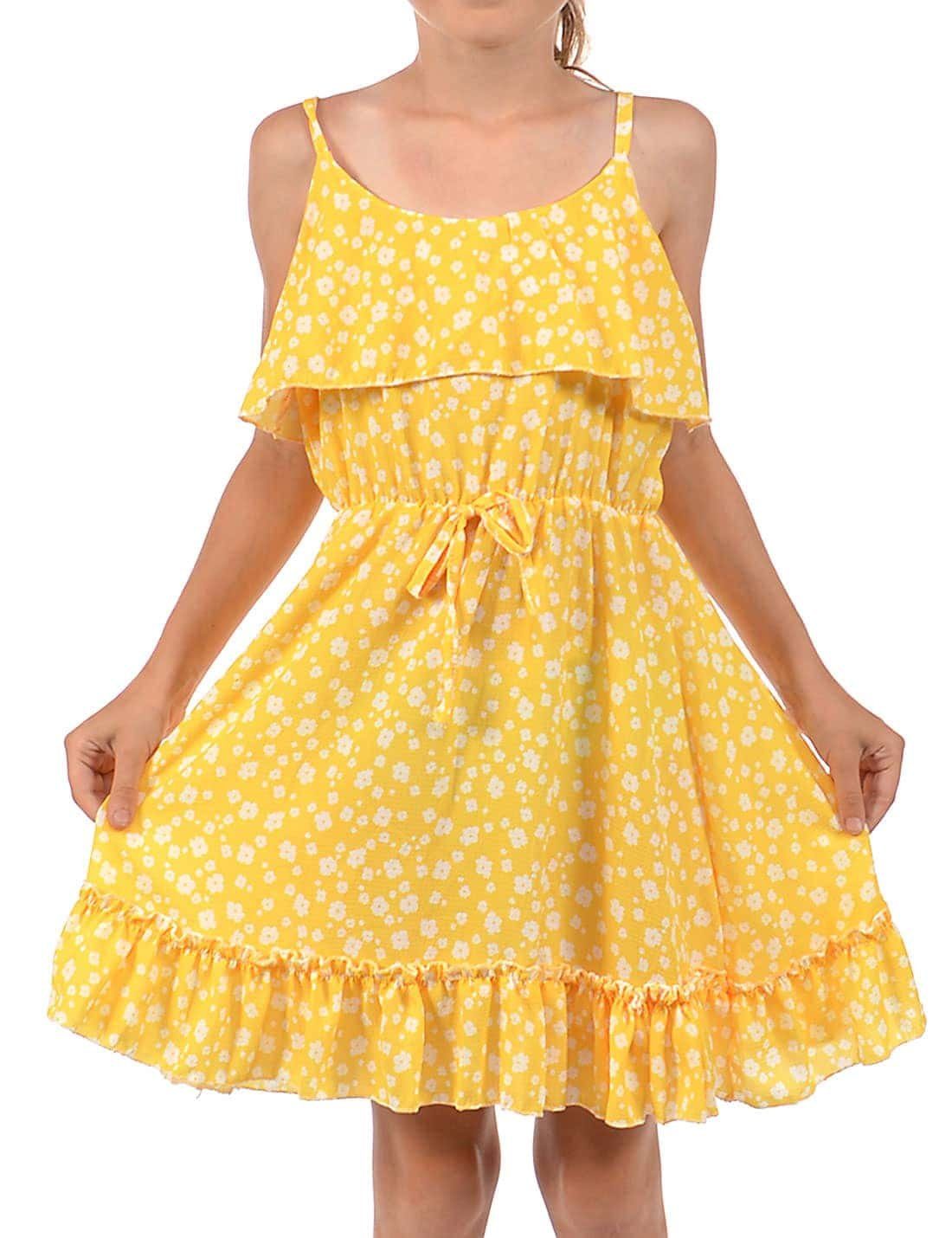 KMISSO Jerseykleid Mädchen Kleid Spaghettiträger und Volant (1-tlg) bequem zu tragen Gelb | Strandkleider