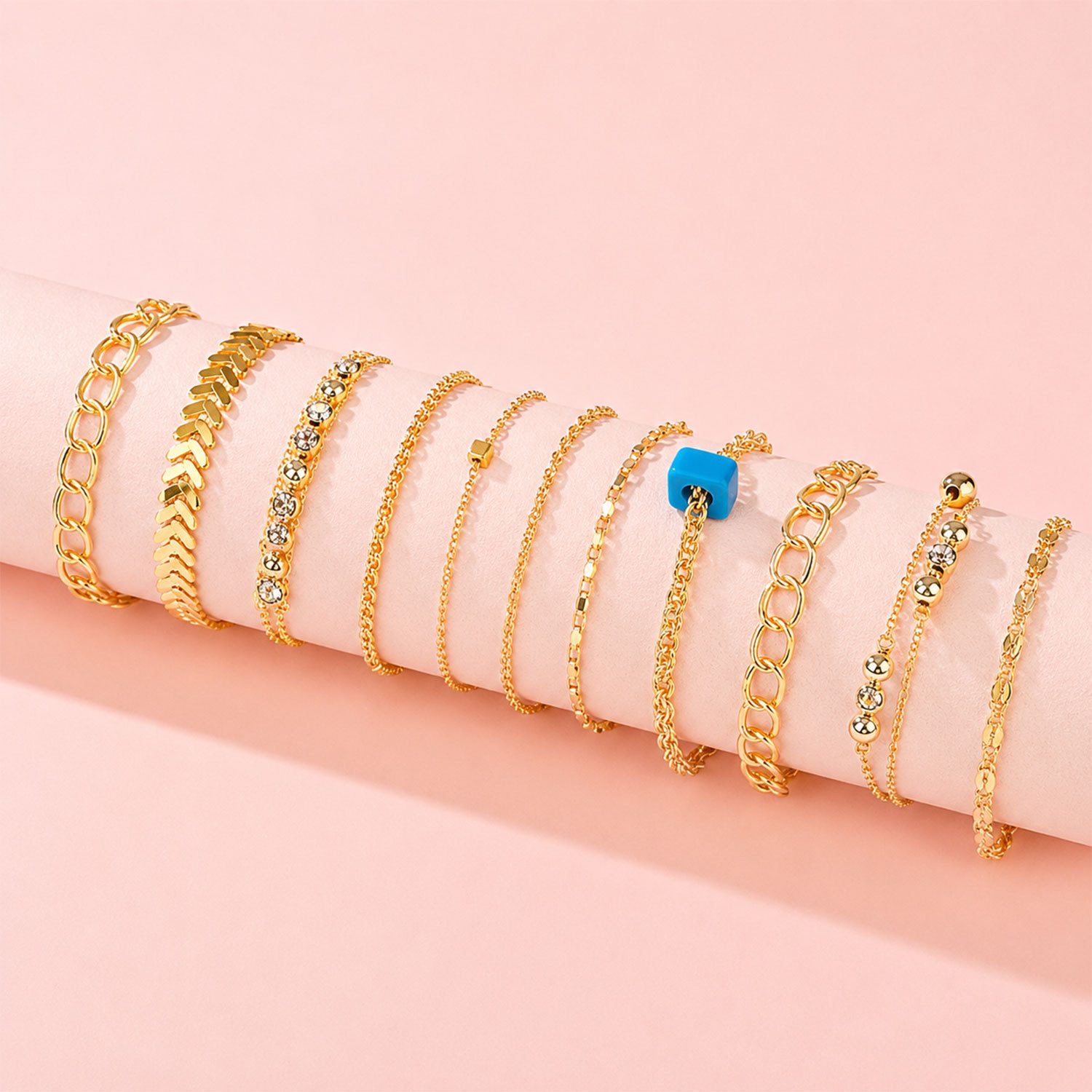 Jungengel Schmuckset Damen Armband Set 10-Teilig Armketten Kettenarmbänder Gliederketten (Set, 10-tlg., verschiedene Ketten- und Gliederdesigns), Inkl. Holzbox, goldfarben, Layering-Look, längenverstellbar