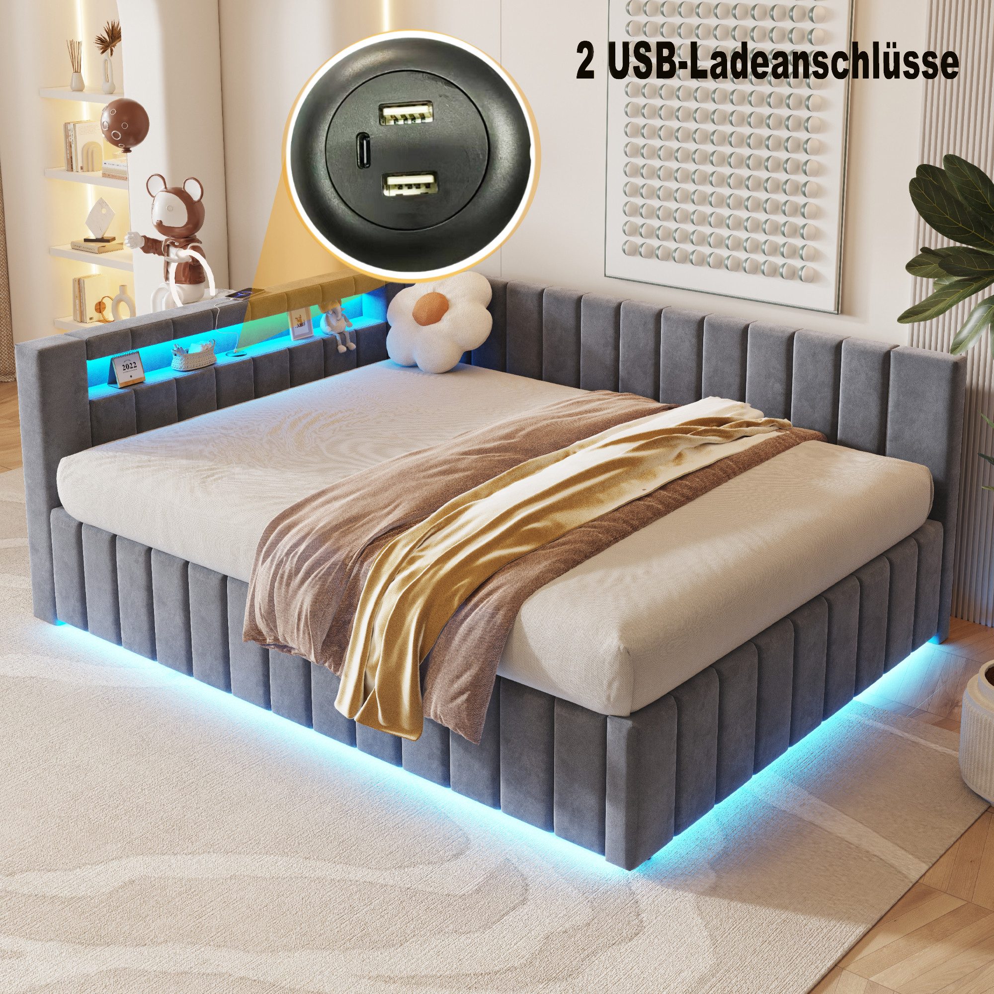 Flieks Daybett, Hydraulisches Polsterbett Schlafsofa 140x200cm mit LED und günstig online kaufen