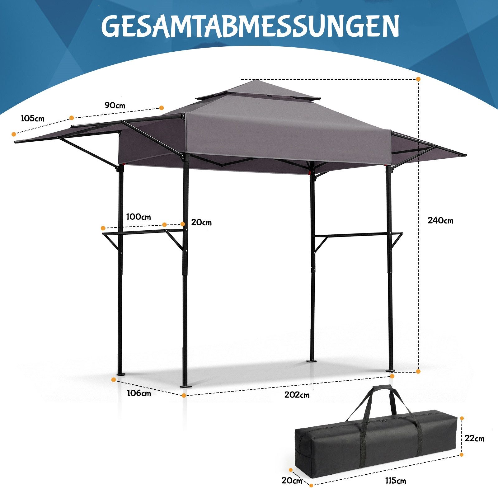 LALAHO Grillpavillon Raucherpavillon mit Doppeldach, Seitenregalen Faltpavillon, Gartenpavillon Grillüberdachungen wetterfest 380x100x240 cm – Bild 4 von 5