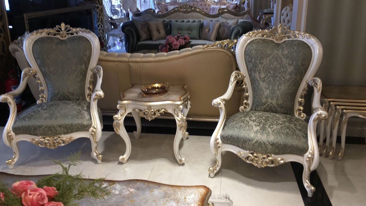 Edel elegantem Sessel / Wohnzimmer Weiß Prunkvoll - Grün Wohnzimmer Möbel / Luxus Sessel Padrino mit Barock Barock - Sessel - Casa Gold Handgefertigter Muster &