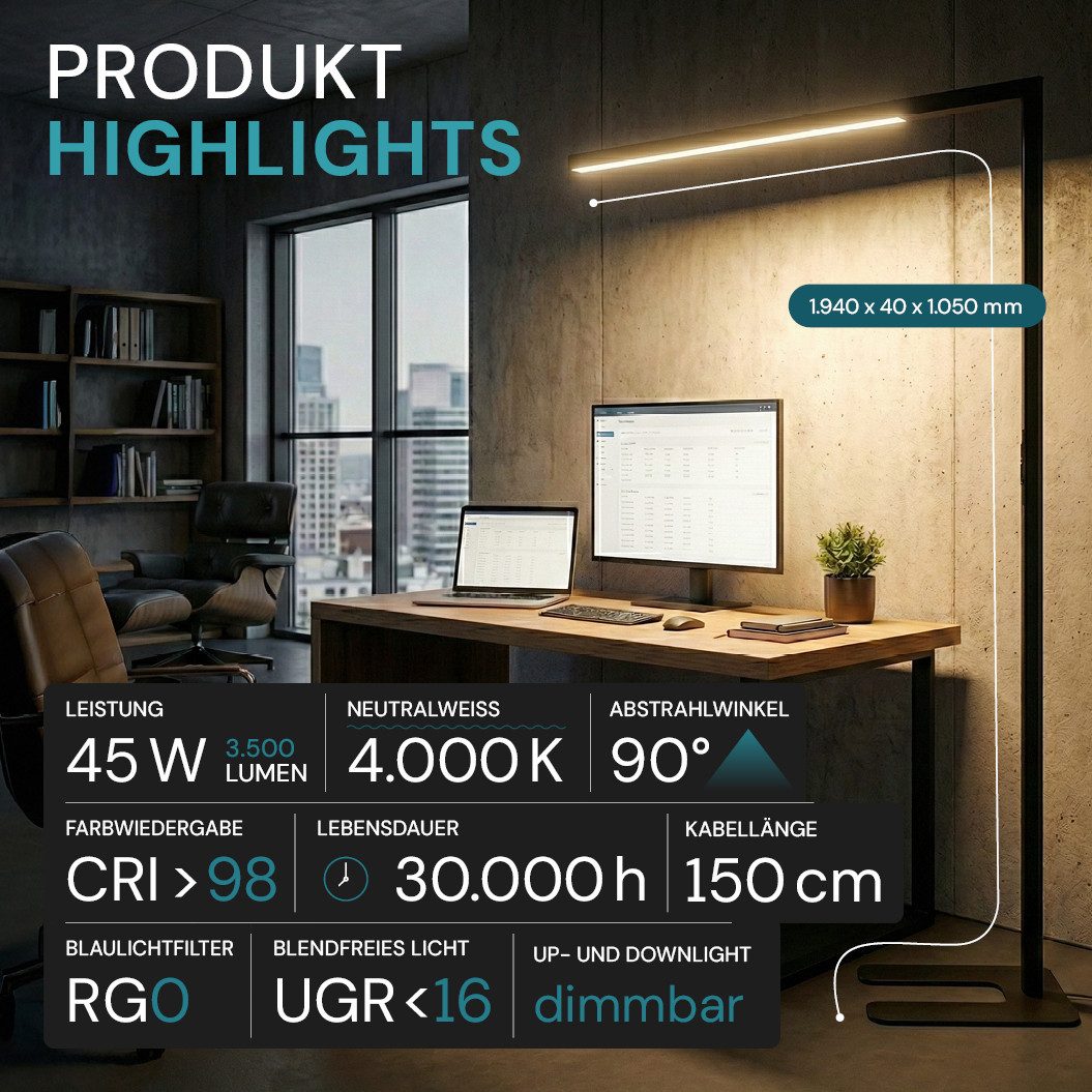 LUXULA LED Stehlampe schlanke Bürostehleuchte, LED fest integriert, Tageslichtweiß, einarmig, CRI98, UGR<16, augenschonendes Licht, Touch-Bedienung