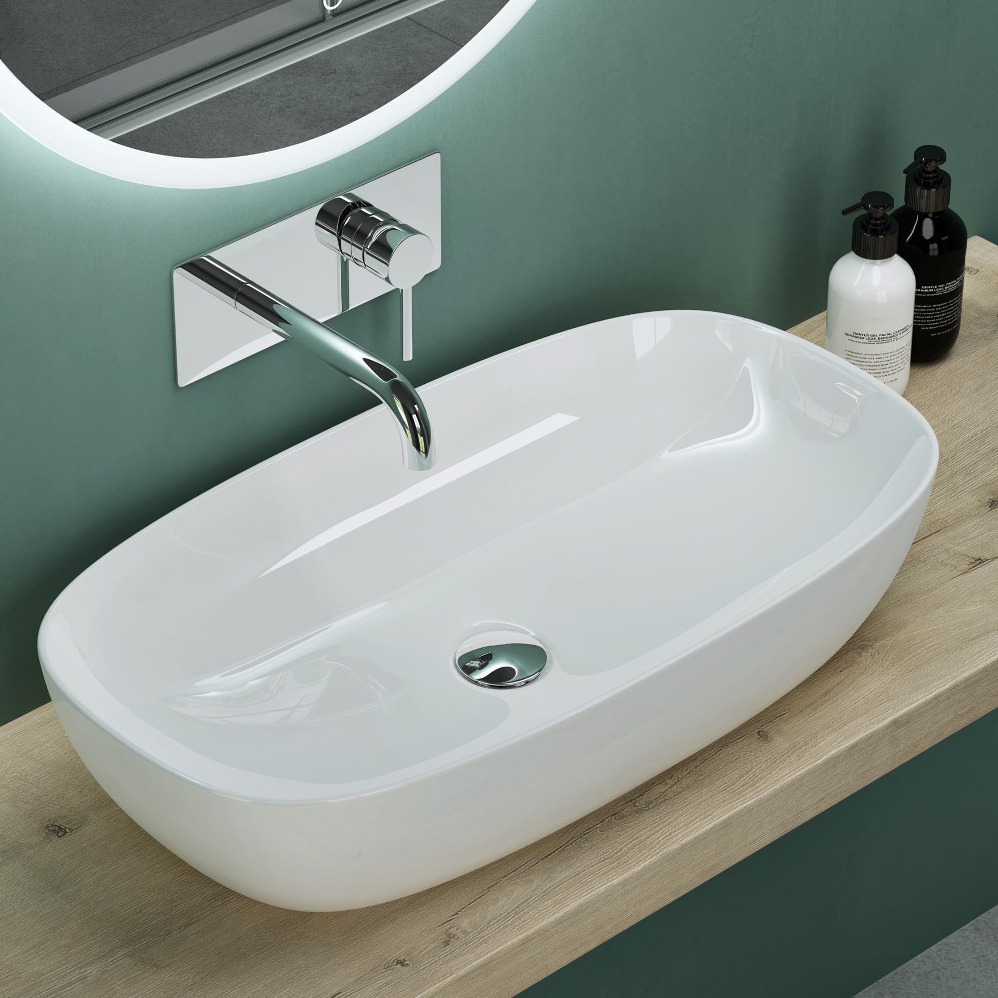 Mai & Mai Aufsatzwaschbecken Waschschale Waschbecken aus Keramik Oval Nano-Beschichtung Br104, Abfluss nach DIN-Norm