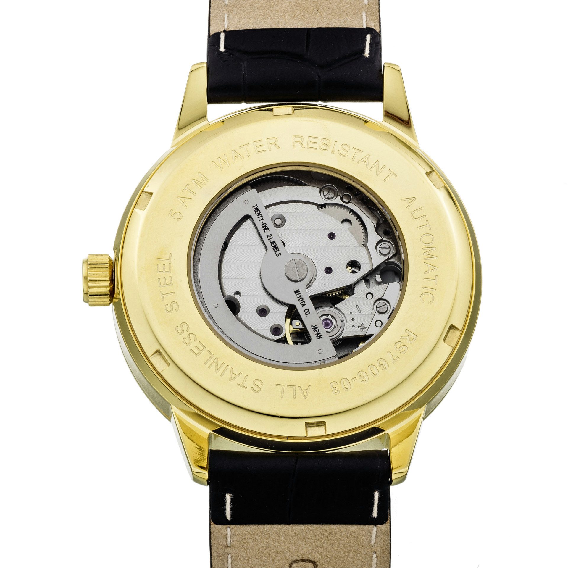 Riedenschild Automatikuhr RS7606-03, 42 mm – Vergoldete Herrenuhr mit braunem Lederband, Klassisch-elegante Automatikuhr mit Sichtboden