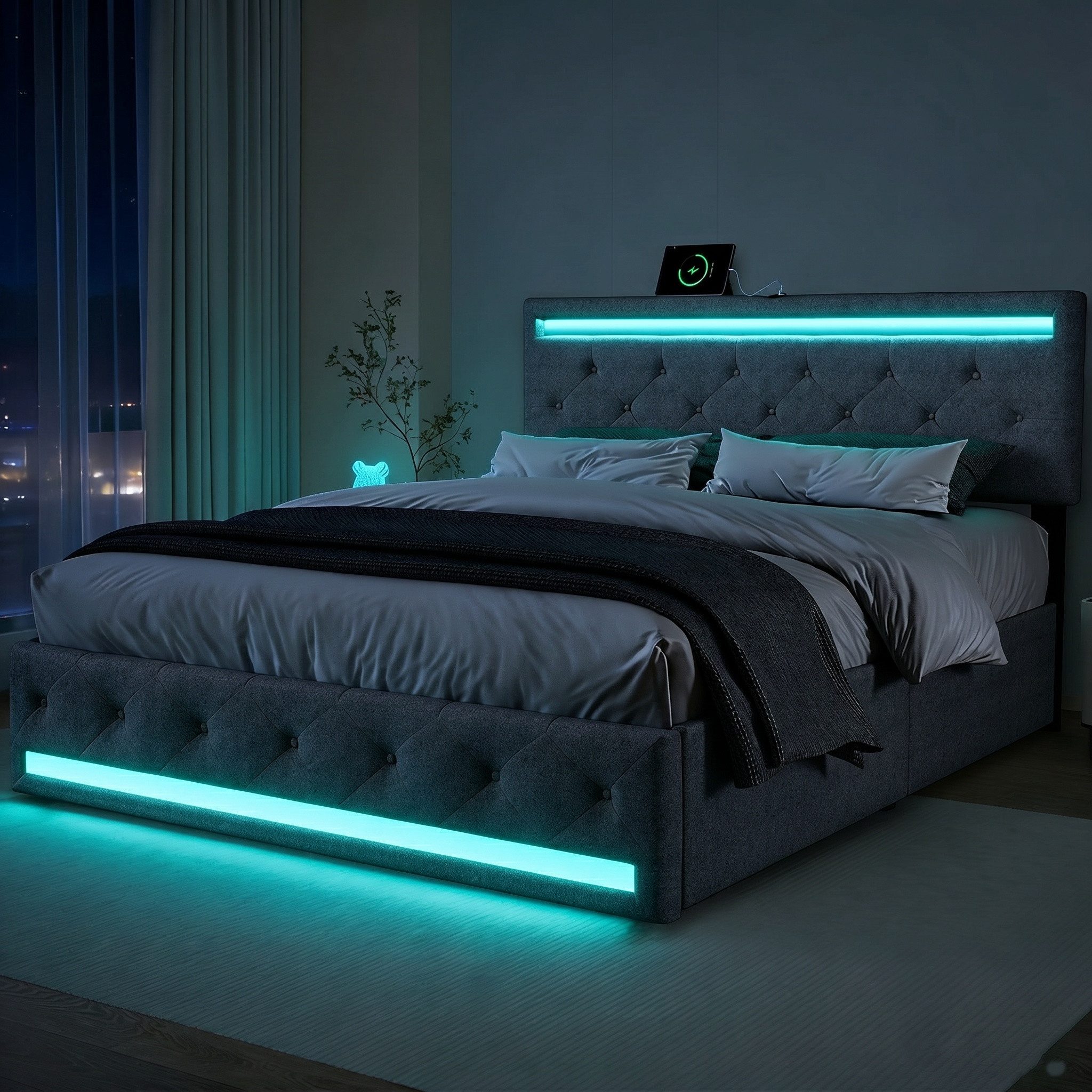 PXloue Polsterbett Modernes Polsterbett mit LED-Beleuchtung, Bettgestell mit USB-Anschluss und modernem Design 140x200 cm