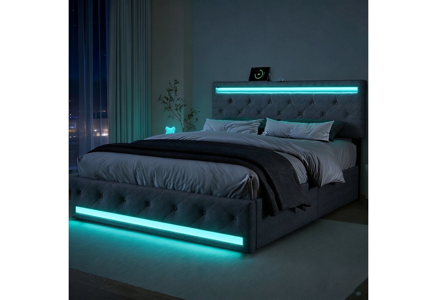 PXloue Polsterbett Modernes Polsterbett mit LED-Beleuchtung, Bettgestell mit USB-Anschluss und modernem Design 140x200 cm