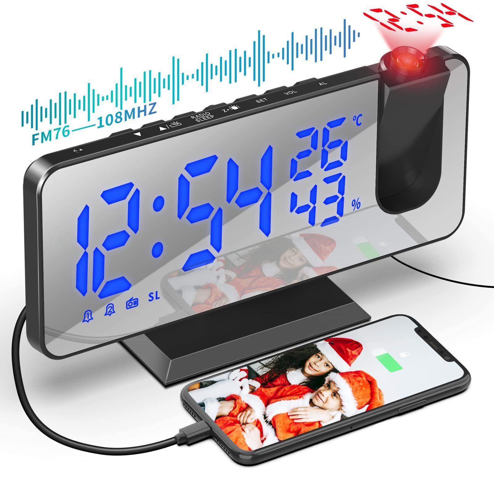 Mode LED Funk Radiowecker mit Projektion Digital Dimmbar Tischuhr Alarm USB FM 