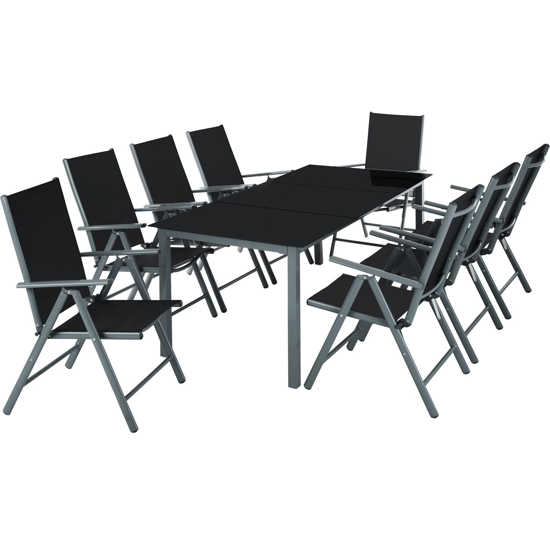 tectake Essgruppe Aluminium Sitzgruppe - Wetterfeste Gartenmöbel, (Loungeset Pompeii, 9-tlg., in Anthrazit), klappbare Stühle mit 8-fach verstellbarer Rückenlehne