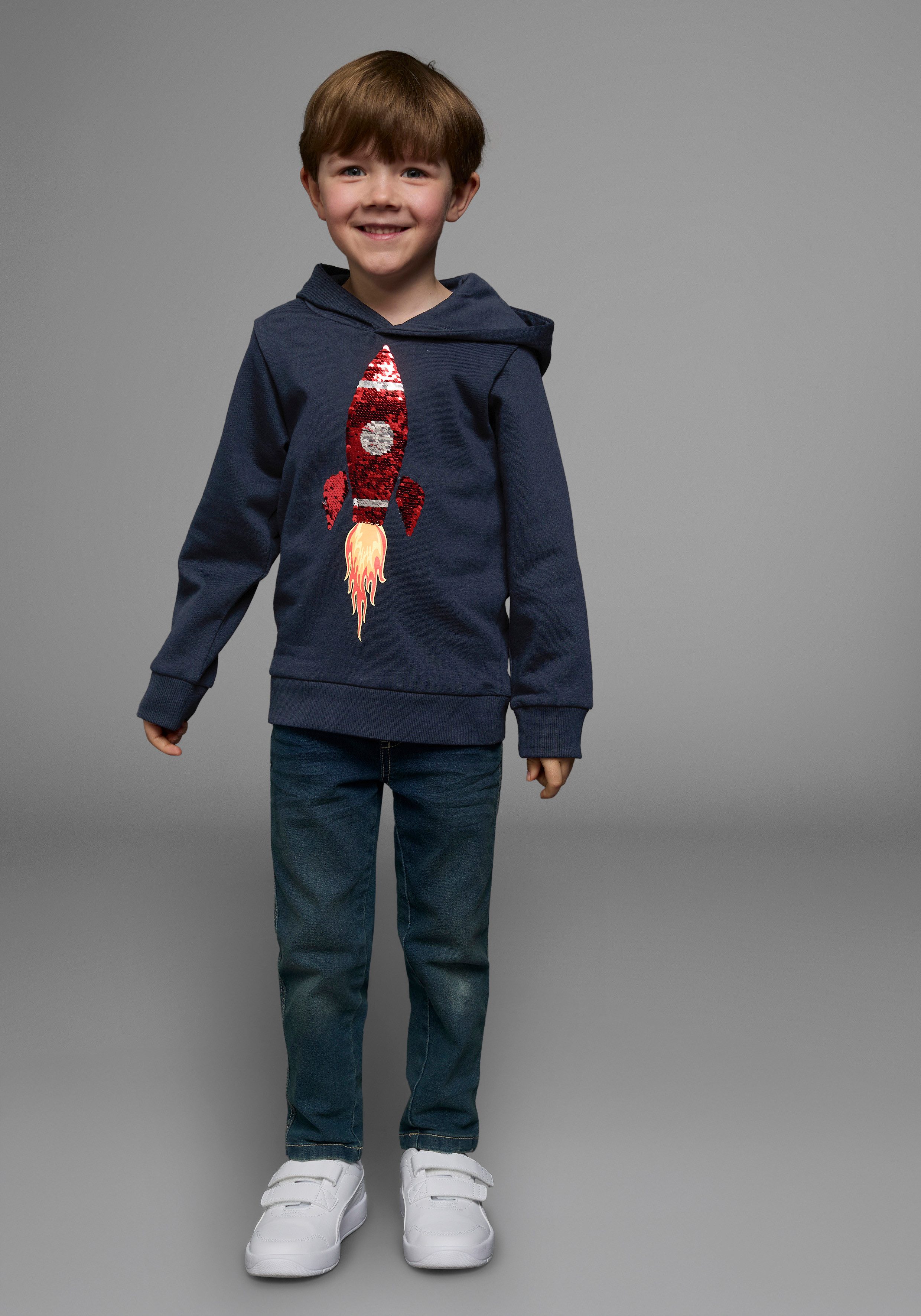 KIDSWORLD Kapuzensweatshirt Rakete - Wendepaillette lange Ärmel, Basic-Passform, aus Baumwolle, mit Rippbündchen