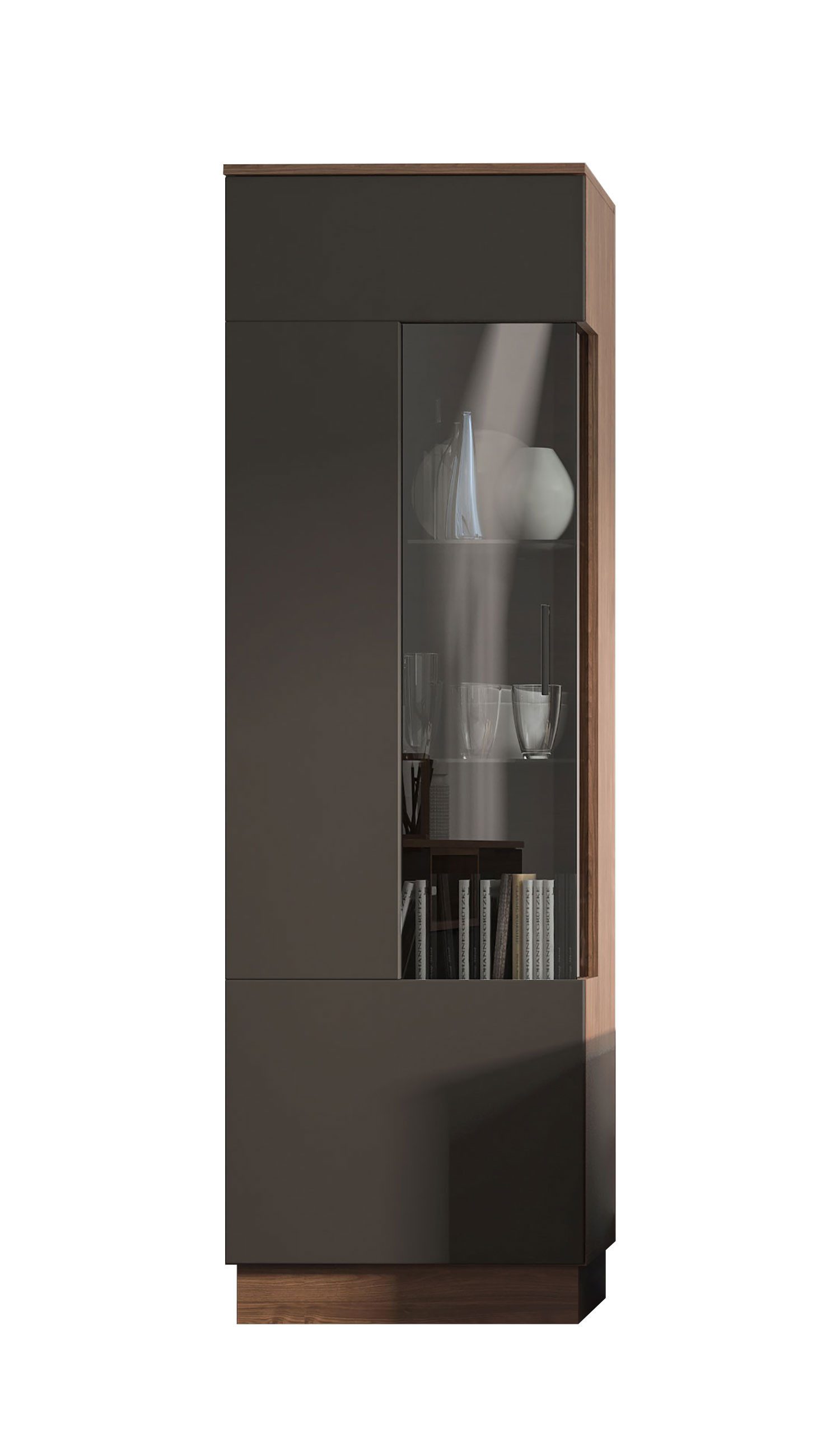 Feldmann-Wohnen Vitrine Alicante (mit Griff aus Metall, ohne Beleuchtung, mit Soft-Close-Funktion, 1-St., mit 1 Tür, mit 2 Glaseinlegeböden, mit 3 Holzeinlegeböden) 60cm walnussfarben / schwarzgrau Türanschlag links