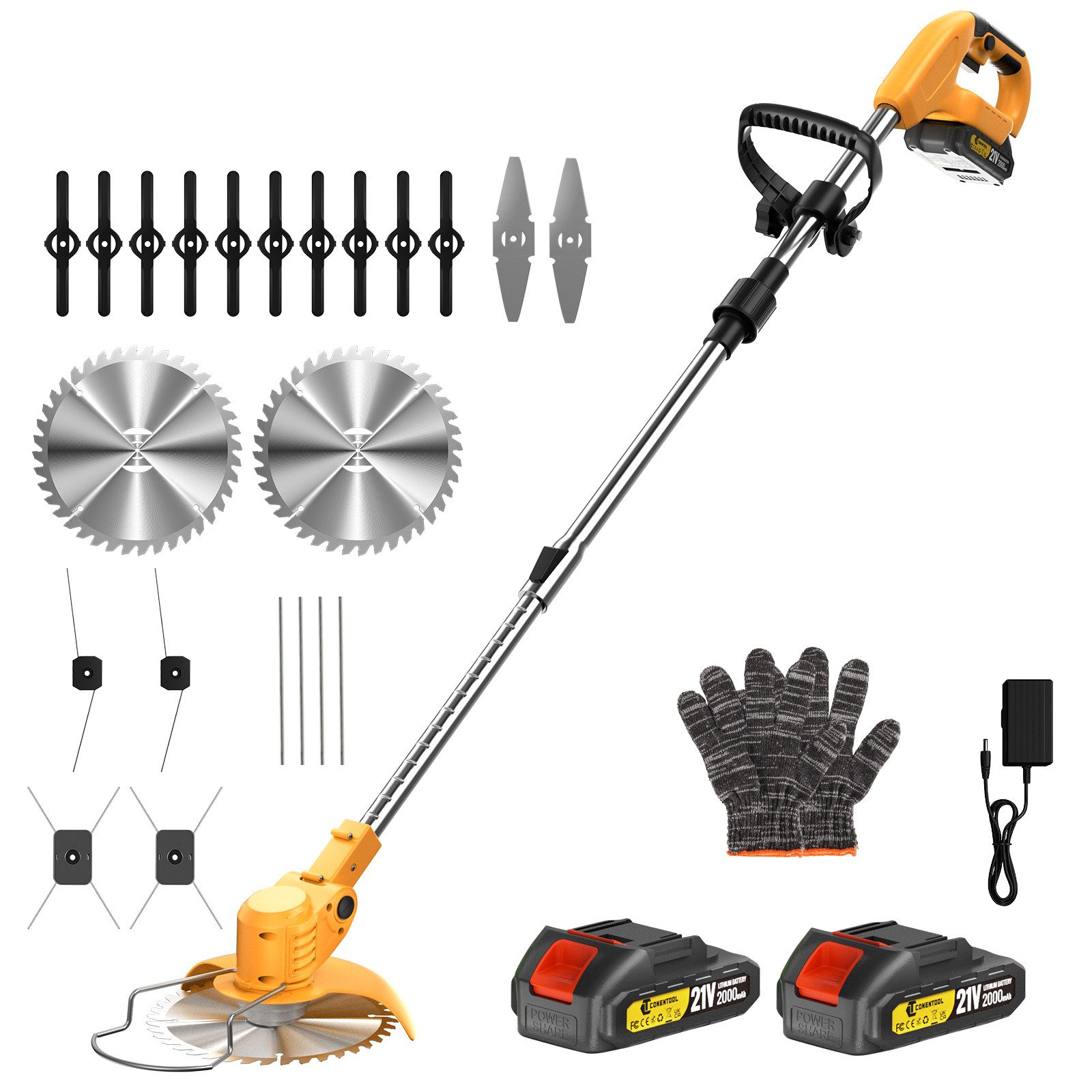 CONENTOOL Akku-Rasentrimmer 21V mit 4000mAh Akku, Verstellbarer Teleskopstiel, 15 cm Arbeitsbreite Messer, (Set, mit 4 Messertypen), inkl. 2 x 2.0Ah Akkus