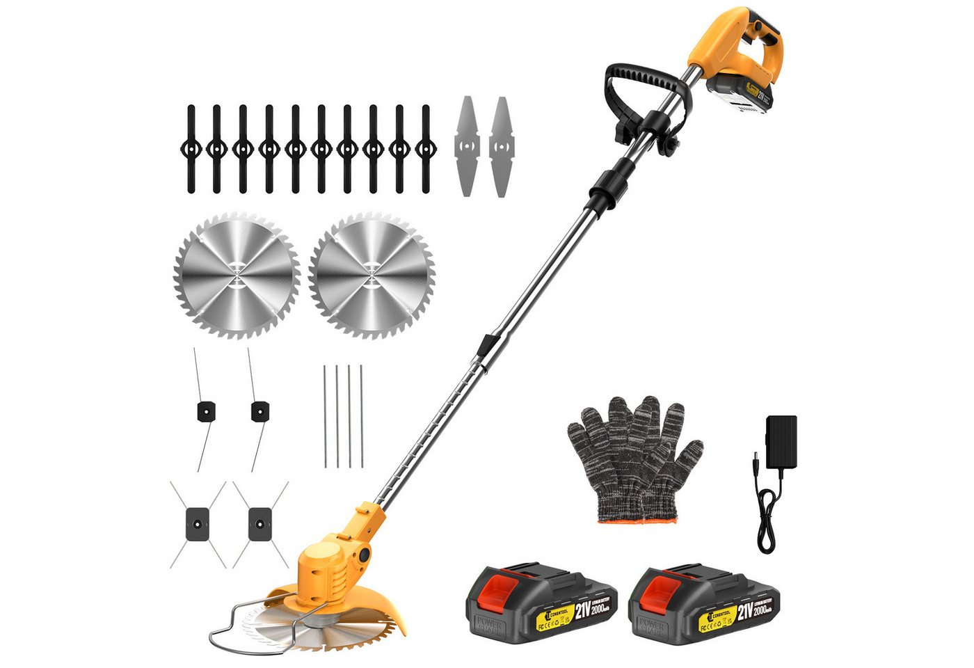 CONENTOOL Akku-Rasentrimmer 21V mit 4000mAh Akku, Verstellbarer Teleskopstiel, 15 cm Arbeitsbreite Messer, (Set, mit 4 Messertypen), Freischneider & Kantenschneider, inkl. 2 x 2.0Ah Akkus
