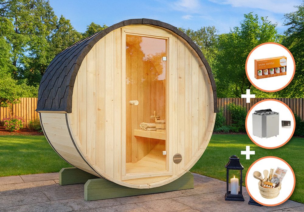 FinnTherm Fasssauna Comfort Set Mini XXS, BxTxH: 199 x 130 x 215 cm, 42 mm, (Set) in Naturbelassen Inkl. Fußboden