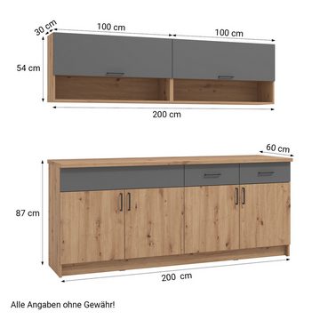 Homestyle4u Küchenzeile 200 cm ohne Geräte klein Grau matt Eiche Holz schwarze Griffe Glas