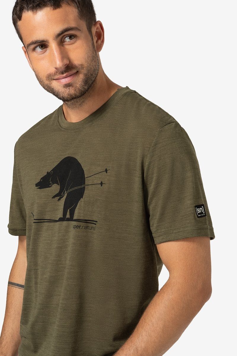 Merino geruchshemmender SUPER.NATURAL M Merino-Materialmix T-Shirt Black Print-Shirt Melange/Jet BEAR Olive Night SKIING TEE