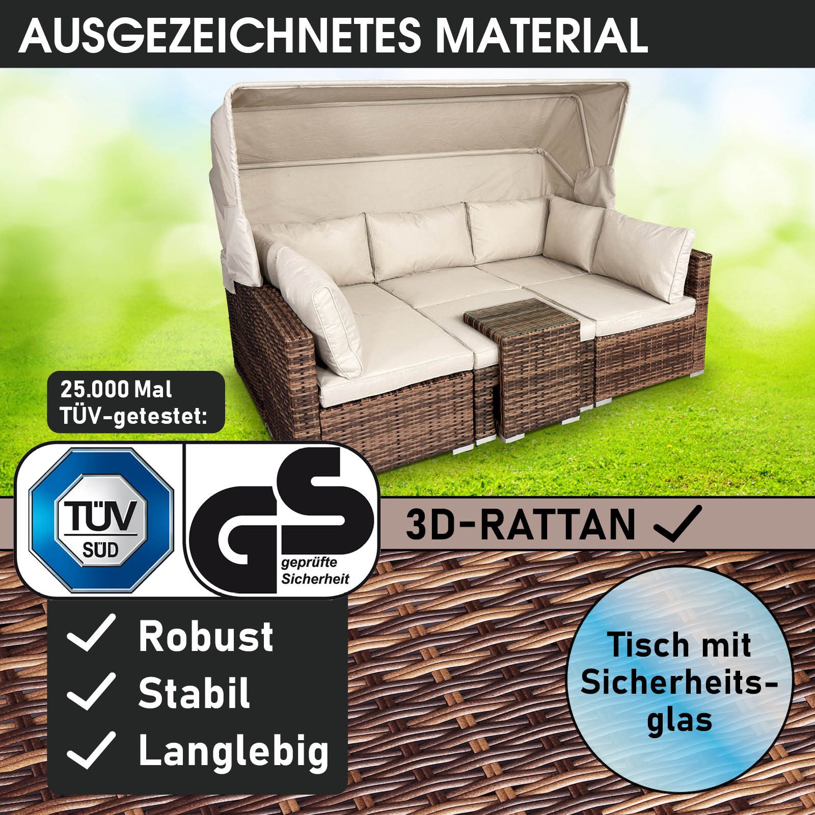 BRAST Sonneninsel Lounge Set 2-6 Personen 30 LEDs + Kissen, 230cm viele Farben, Outdoor Gartenmöbel Loungemöbel Sitzgruppe Garnitur