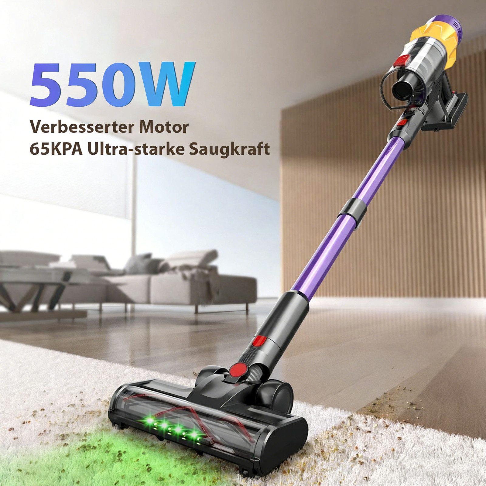 AKKEE Akku-Stielstaubsauger Akku-Hand-und Stielstaubsauger, 65000pa Staubsauger Kabellos, 550 W, Akku Handstaubsauger, Leicht