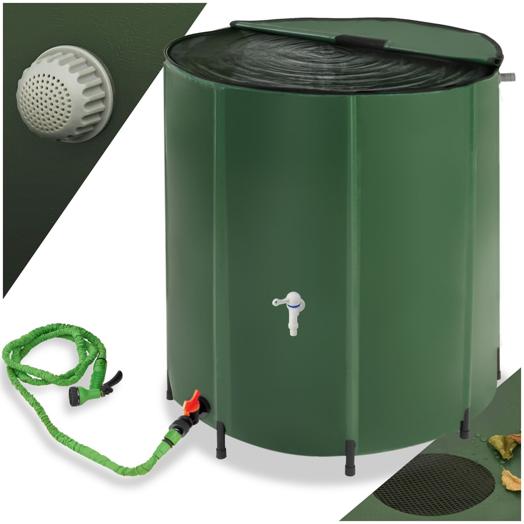 tectake Regentonne Faltbare Wassertonne mit abnehmbarer Oberseite und Überlaufschutz, 500 l, (Regenwassertank, in grün), wetterbeständig, mit Wasserhahn und praktischem Wassereinlassgitter