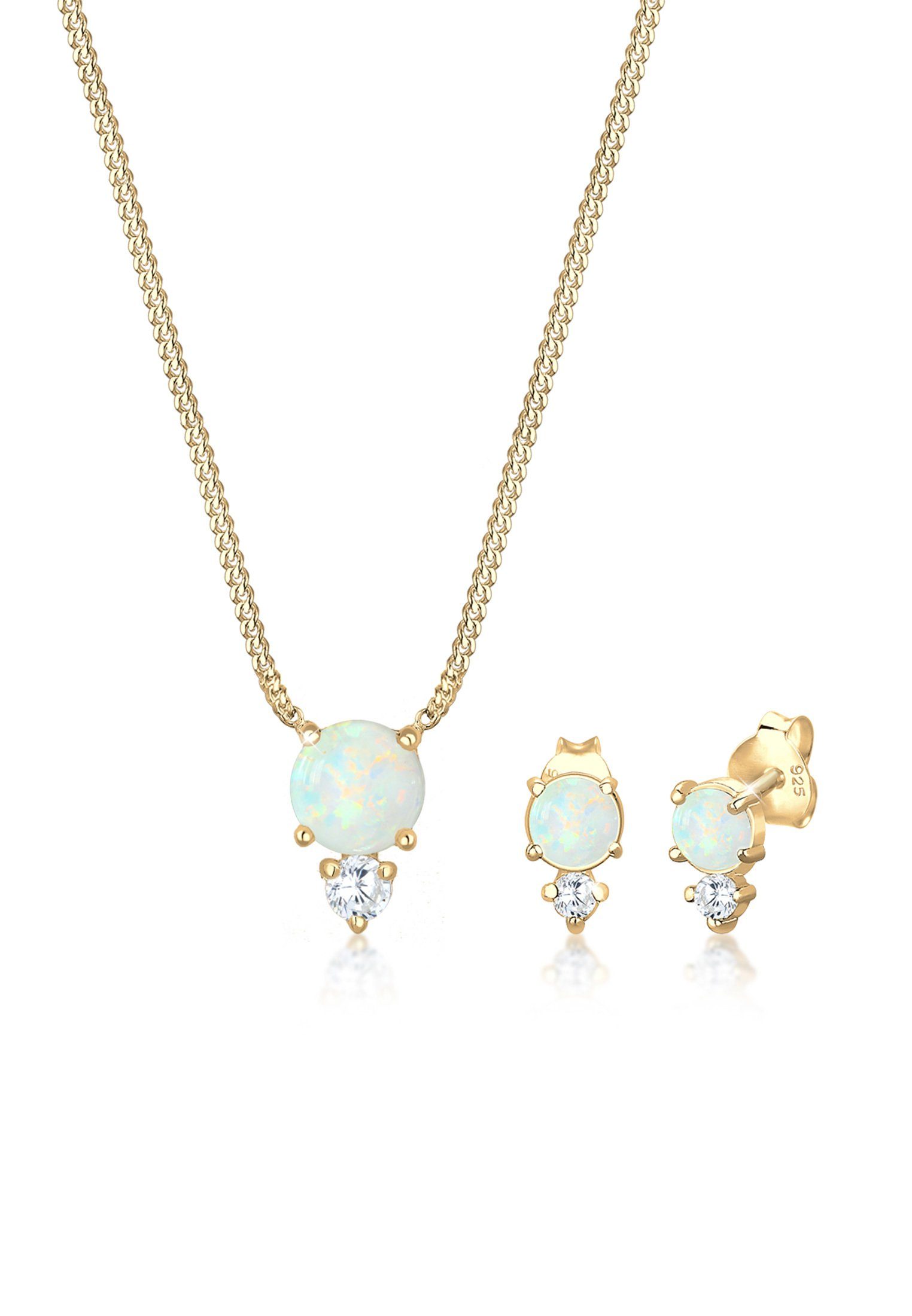Elli Schmuckset Zirkonia Synthetischer Opal Weiß 925 Sterling Silber vergoldet