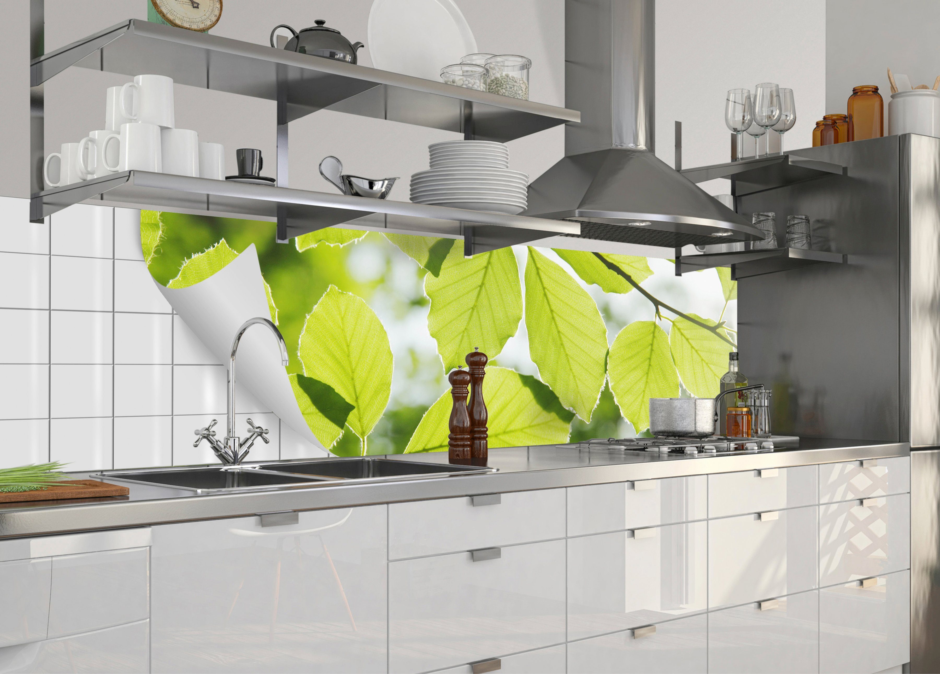 Küchenrückwand-Folie selbstklebende Buchenblätter, flexible fixy MySpotti Küchenrückwand und