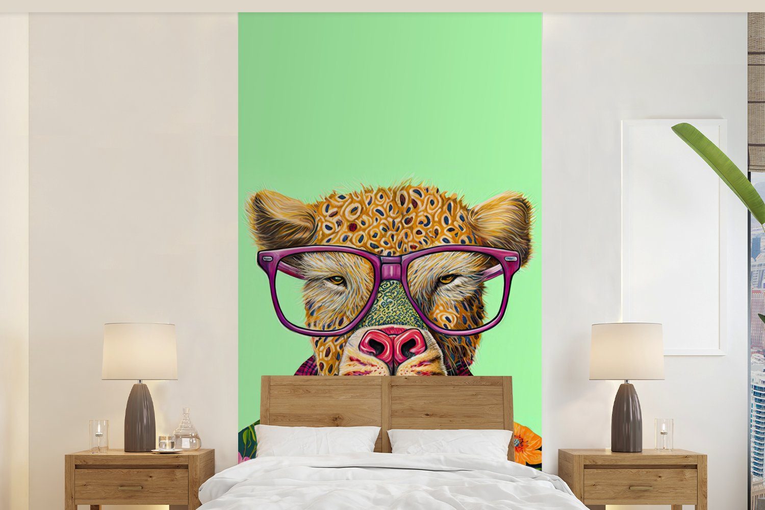 Fototapete (2 Schlafzimmer Wohnzimmer - Hund St), Design, Brille Vliestapete für - MuchoWow Tiere Küche, bedruckt, Fototapete Matt, -
