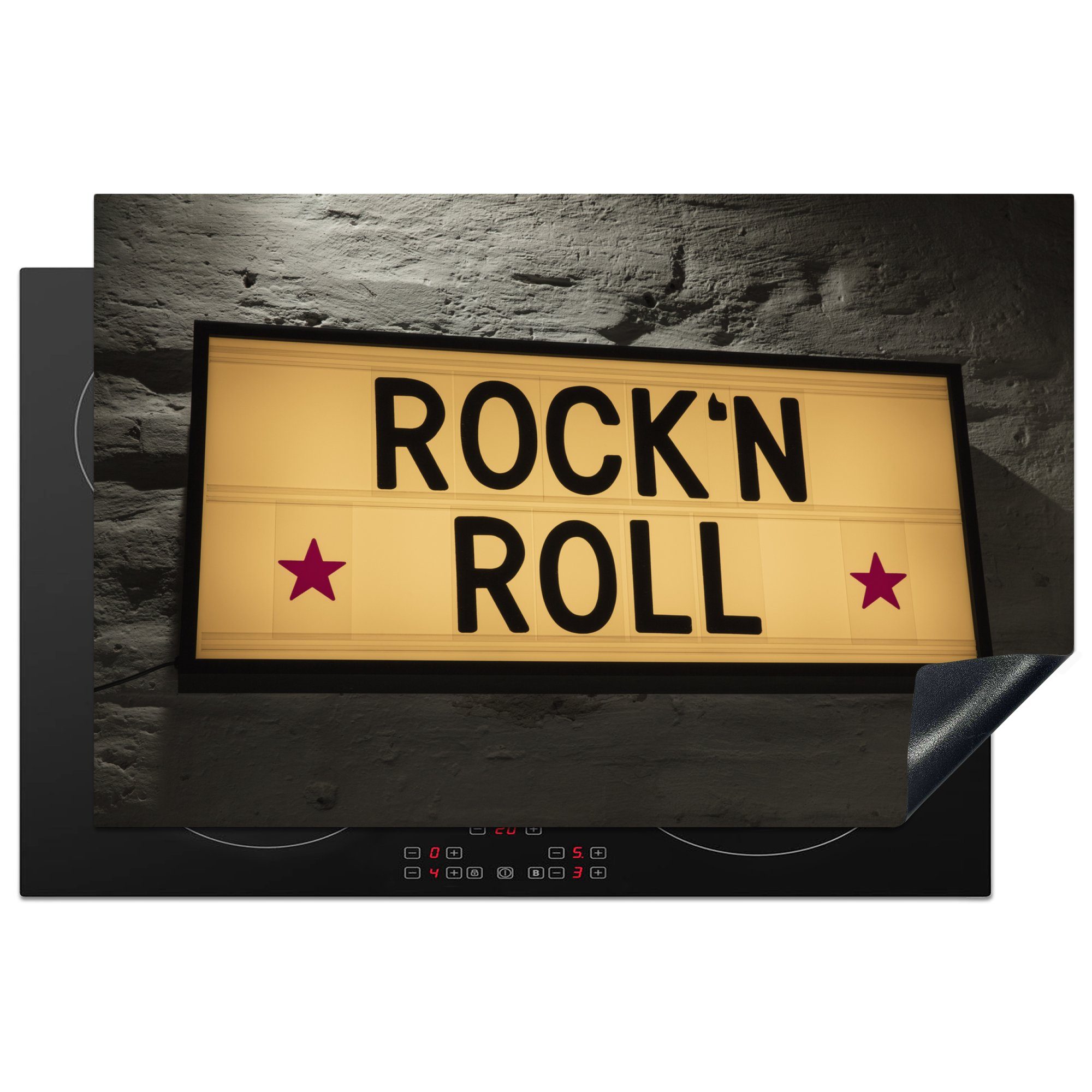 MuchoWow Herdblende-/Abdeckplatte Ein Schild mit der Aufschrift Rock-'n-Roll, Vinyl, (1 tlg), 81x52 cm, Induktionskochfeld Schutz für die küche, Ceranfeldabdeckung