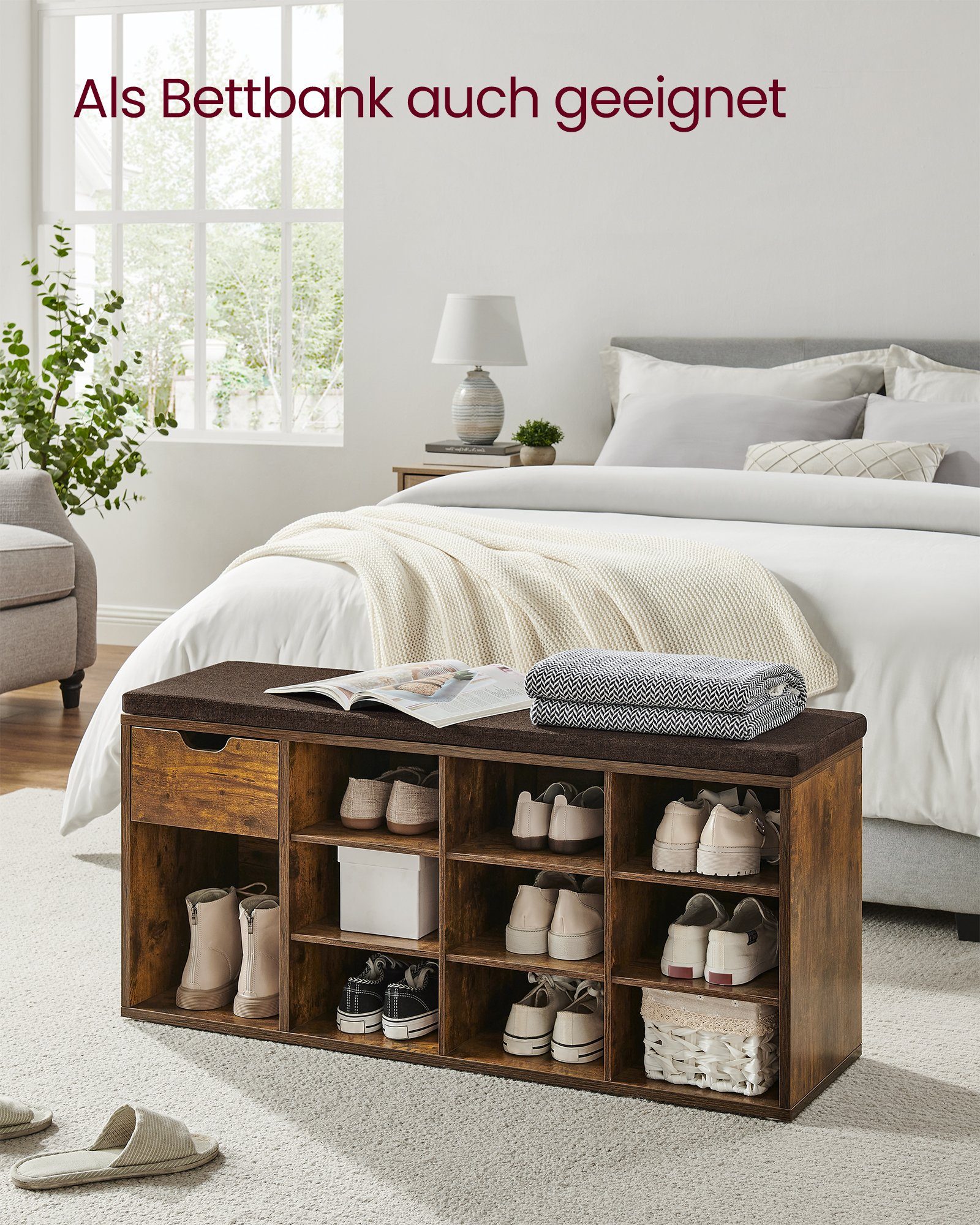 VASAGLE Schuhbank Schuhregal, Flur, Schlafzimmer und Eingangsbereich, 30 x 104 x 48 cm, 1 Schublade, 10 offene Fächern, Sitzbank, gepolsterter Sitz, vintage