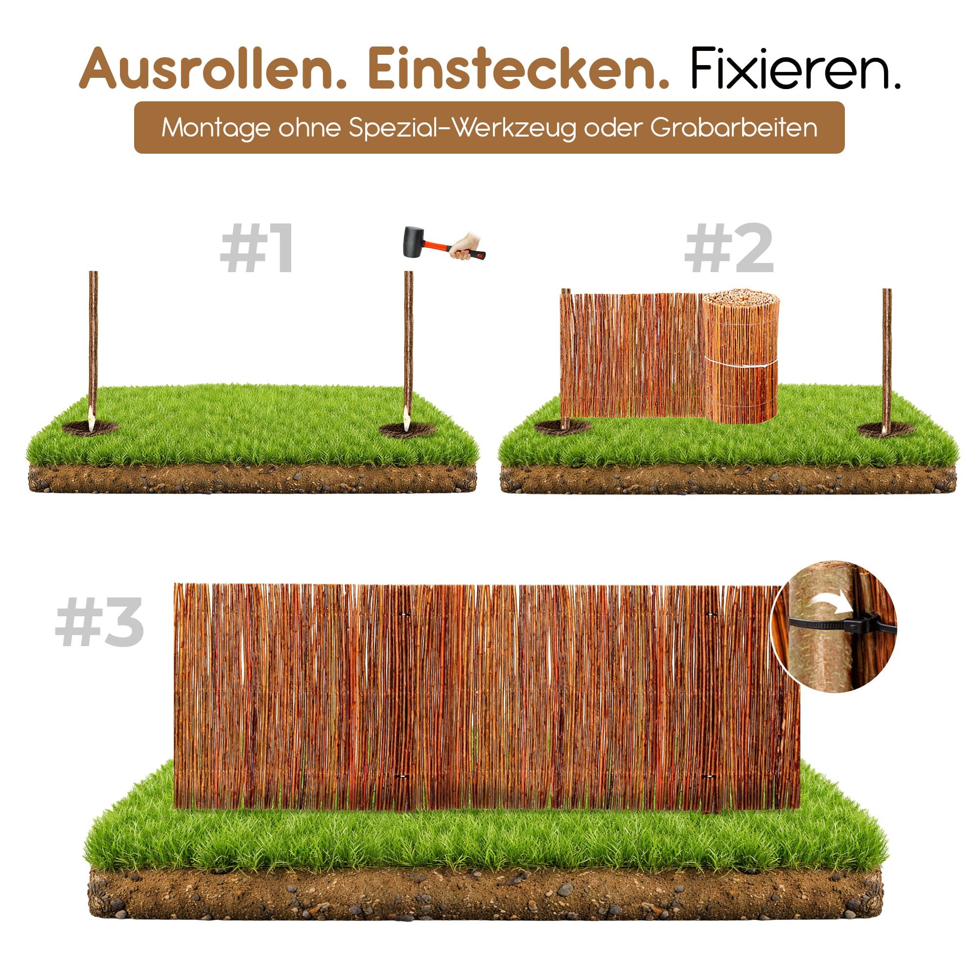 BooGardi Beetumrandung Mini Gartenzaun Holz in 2 Größen, LxH: 300x30 cm, Rasenkante flexibel · 30 cm hoch x 3 m lang, Weidenzaun · Beeteinfassung für natürliche Beetbegrenzung · Garten