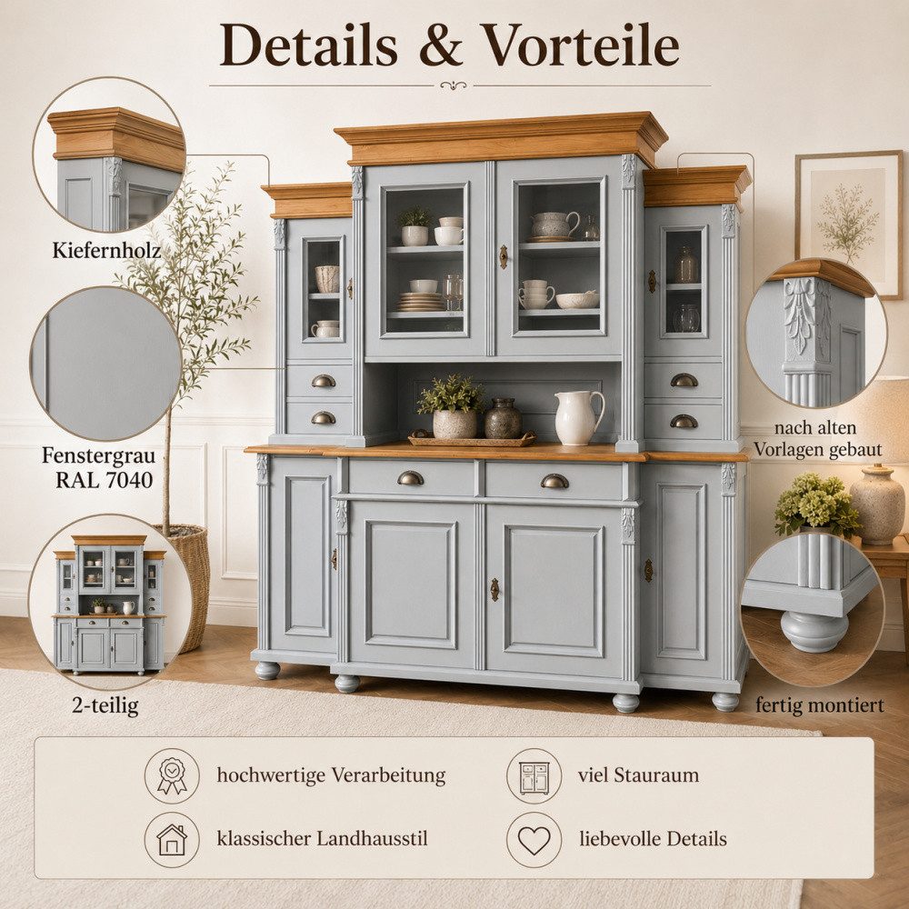 Wohnpalast Buffet Buffet Schrank im Landhausstil grau/antikbraun - Massivholz Küchenschr