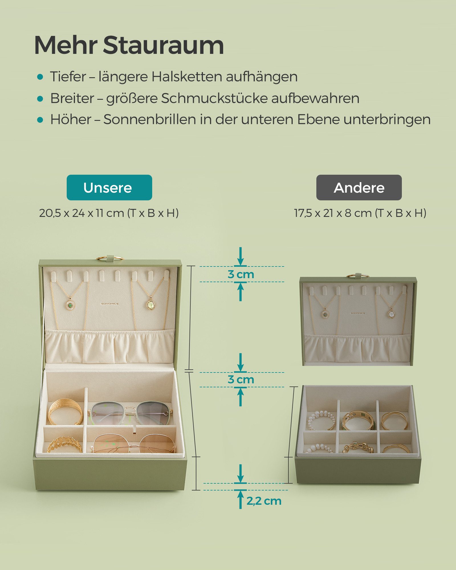 SONGMICS Schmuckkasten Schmuckkästchen Schmuckkasten mit Griff, 2 Ebenen, 23,9 x 20 x 11,2 cm, Geschenkidee, schwebender Effekt, Schmuckbox – Bild 5 von 5