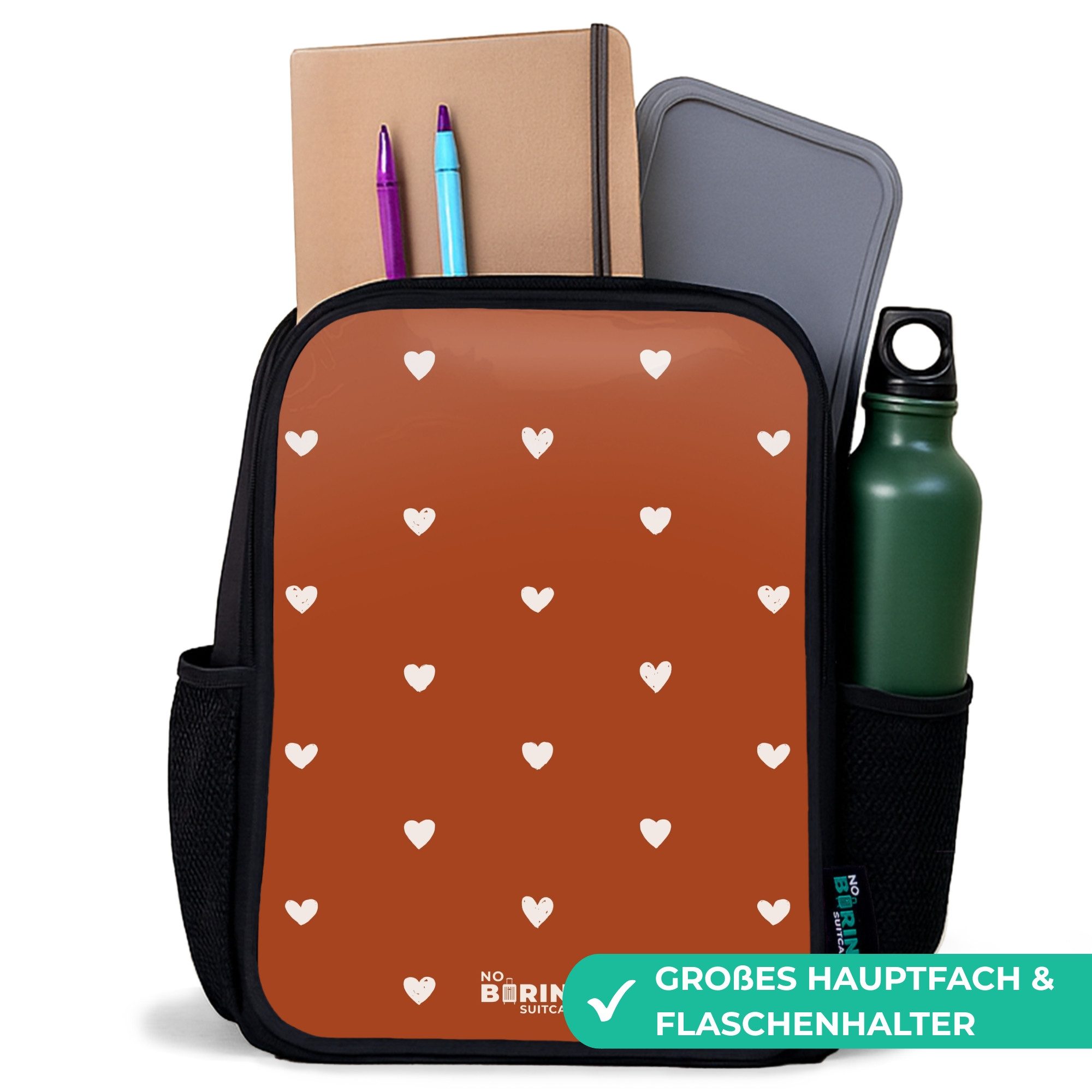 NoBoringSuitcases.com© Rucksack Weißes Herzmuster auf orange-braunem Hintergrund, Kinderrucksack Schwarz, Schulrucksack, Freizeitrucksack Jungen Mädchen