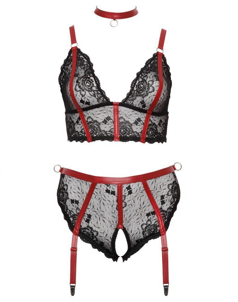 Cottelli Collection Set: Bügelloser BH Dessous-Set mit Halsband und Arrmmanschetten - schwarz, rot (2-tlg) mit offenem Schritt