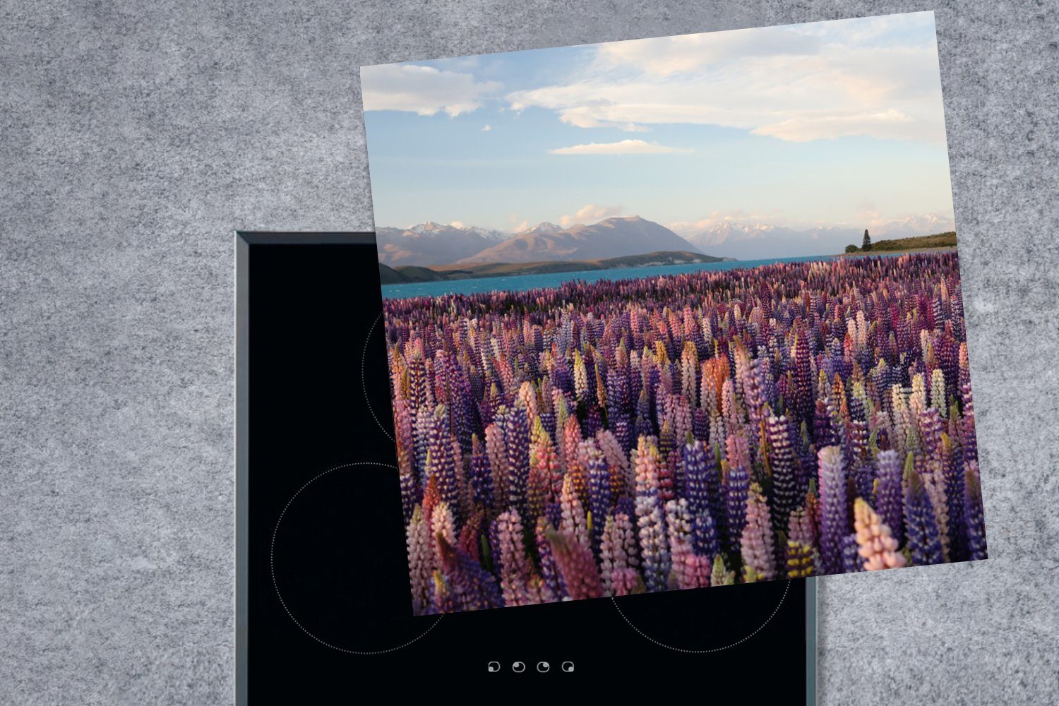 cm, 78x78 Berge - MuchoWow Arbeitsplatte (1 für tlg), Neuseeland, Ceranfeldabdeckung, Blumen Vinyl, küche Herdblende-/Abdeckplatte -
