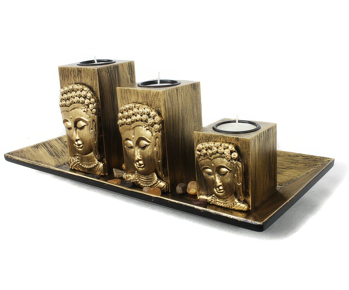 Yudu Dekofigur 3er Deko-Teelichthalter Fengshui mit Buddhakopf 3D Effekt Nr: FH10