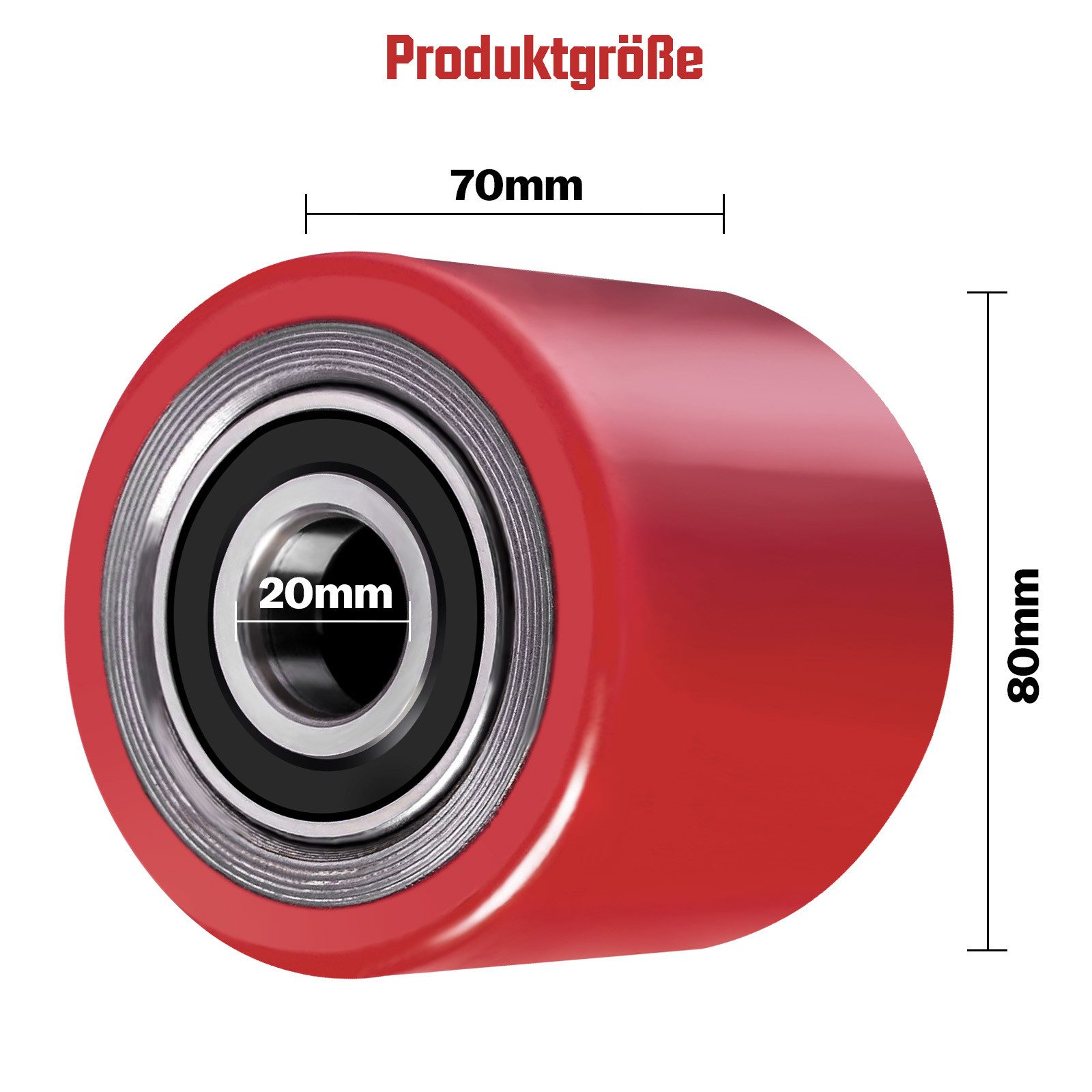XERSEK Hubwagen 4 Stück Hubwagenrollen Polyurethan 80 x 70 mm, Achse 20 mm inkl. Kugellager für Hubwagen Ersatzrollen