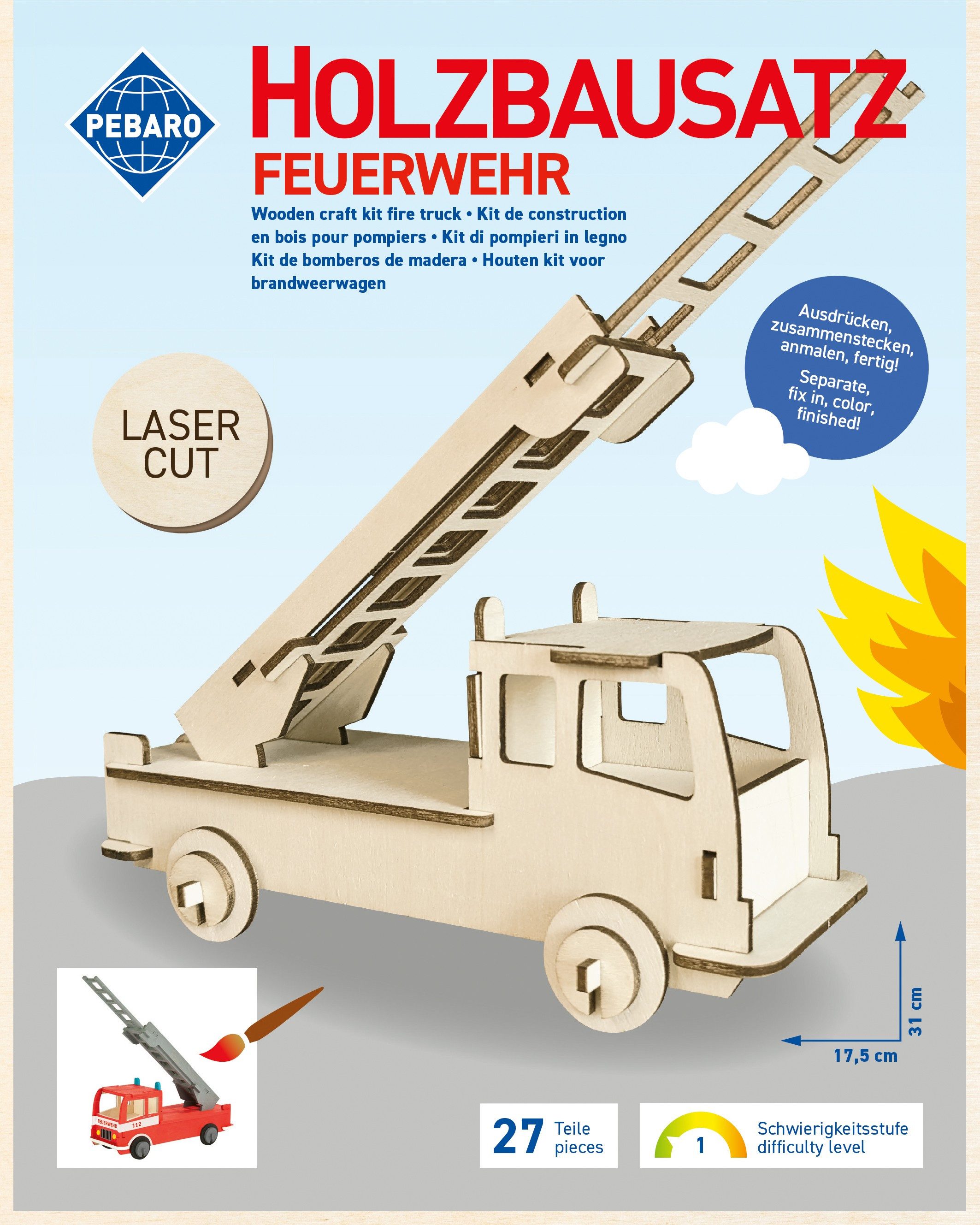 PETER BAUSCH PEBARO 851/2L - Holzbausatz Feuerwehrauto, Laser cut Bastelset Konstruktions-Spielset