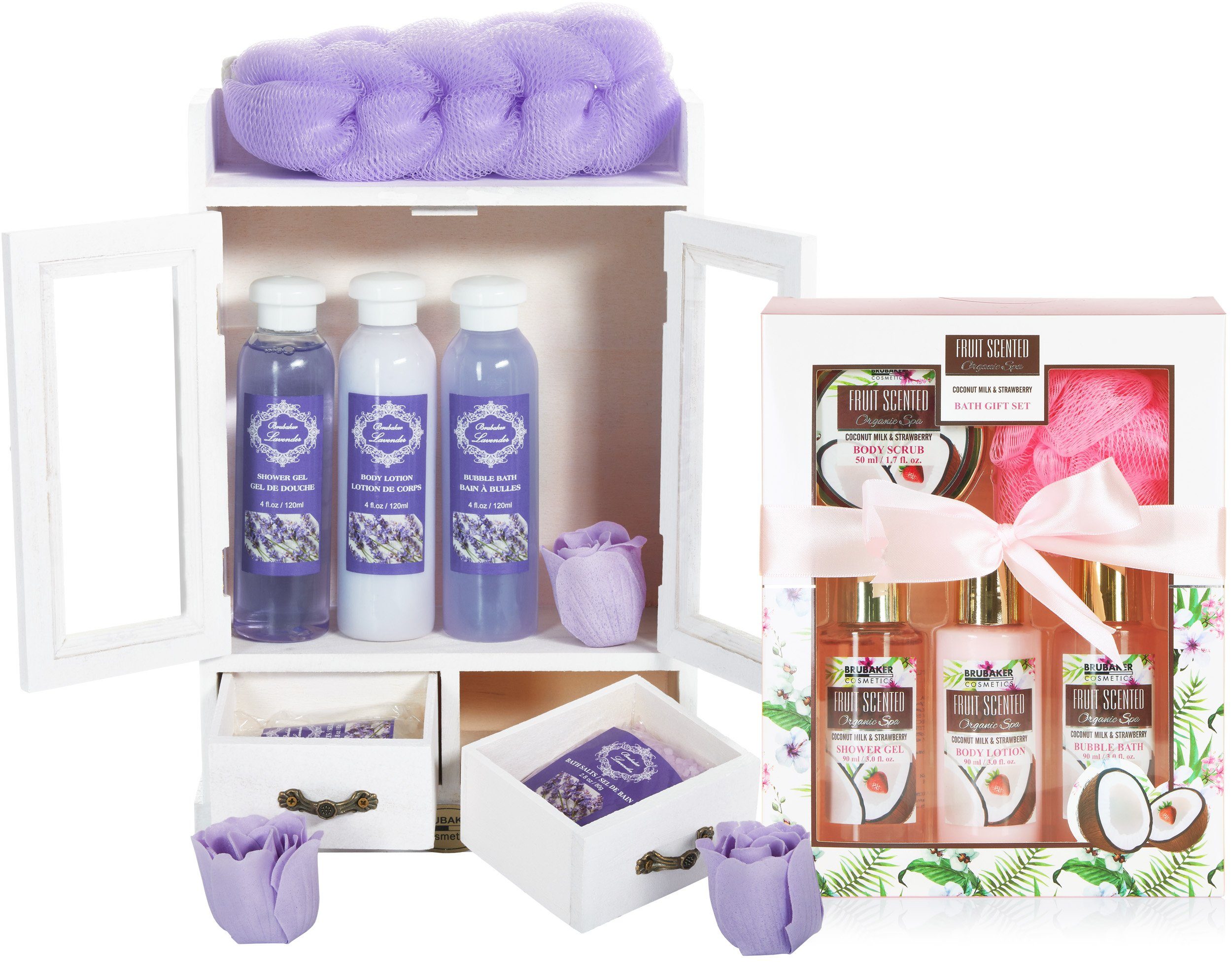 BRUBAKER Badeset Frauen und Set, Kokosnuss Damen Geschenkset - Dusch- Lavendel - & Erdbeere mit in Pflegeset Beauty Pflege-Geschenkset 2 Wellness Dekoration 15-tlg., 1