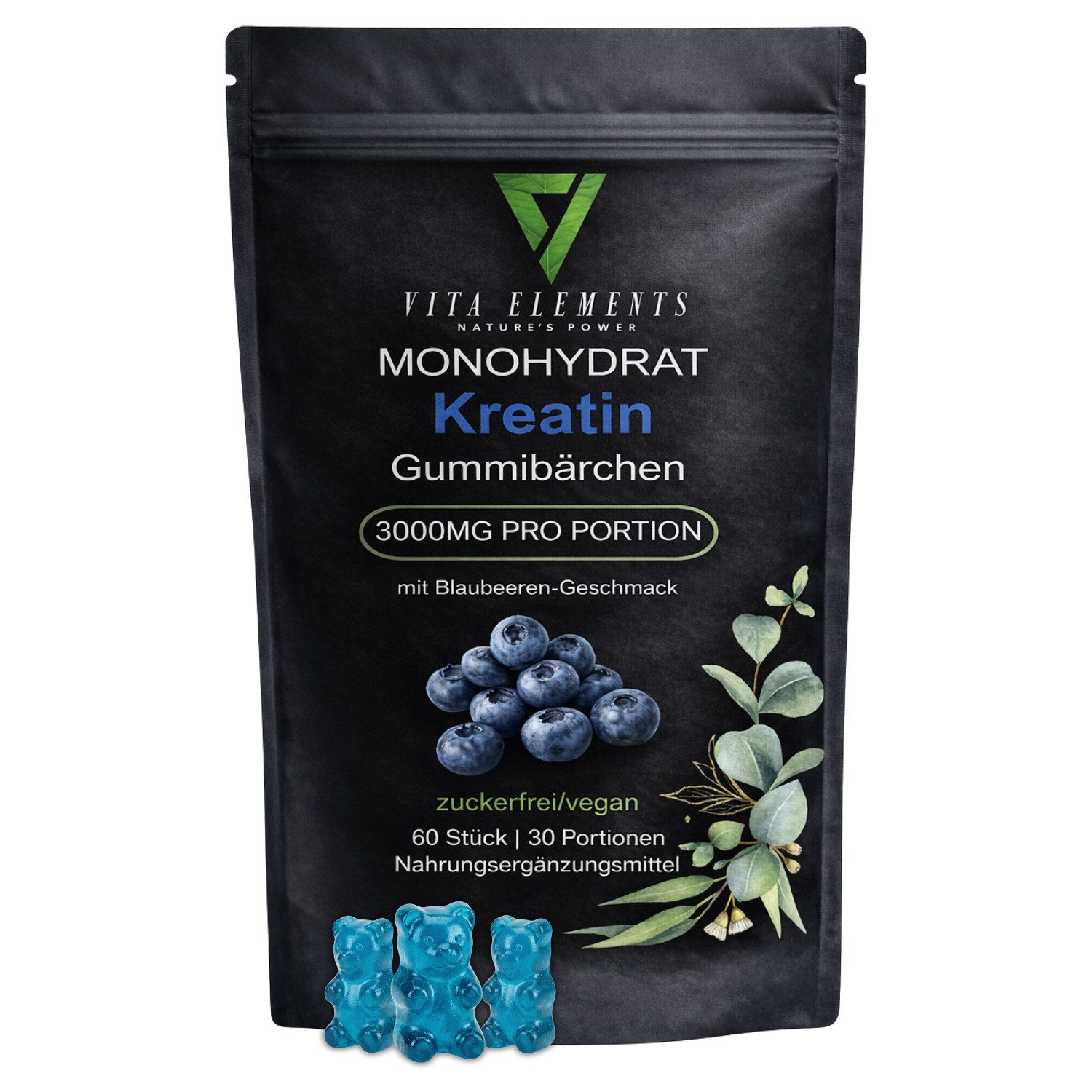Vita Elements Kreatin Monohydrat Gummies - 3000mg pro Portion, 60 Gummibärchen, 1 er Packung à 60 St., Blaubeeren-Geschmack, Vegan, Gentechnikfrei, Zuckerfrei, Laborgeprüft
